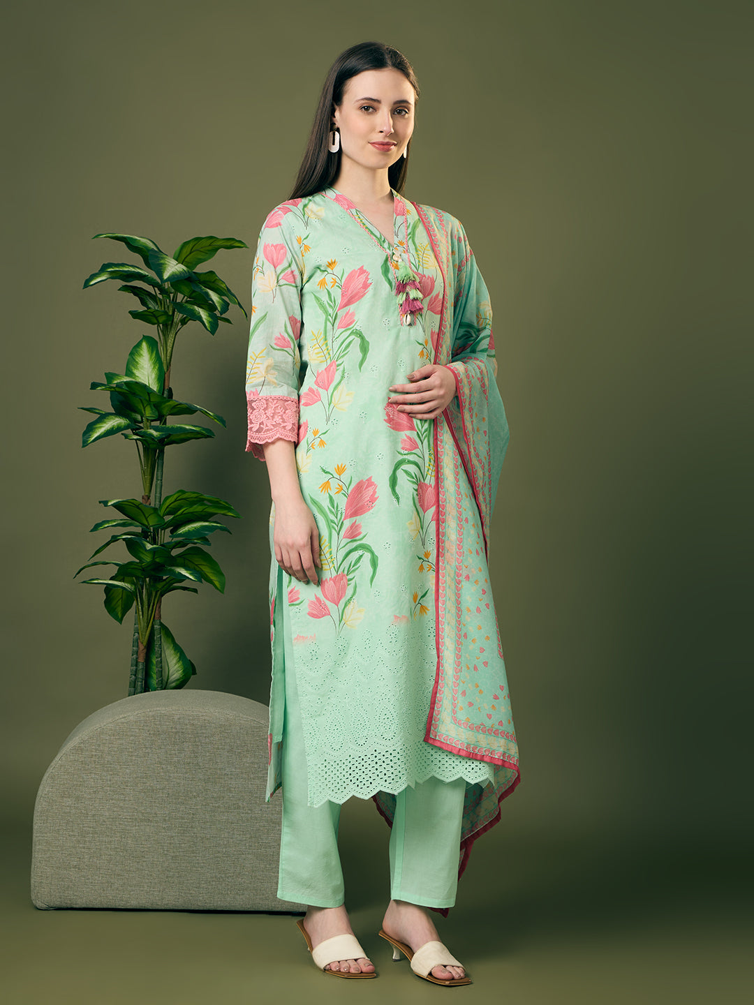 Abstract Floral Printed Schiffli Straight Kurta with Pant & Dupatta - Green