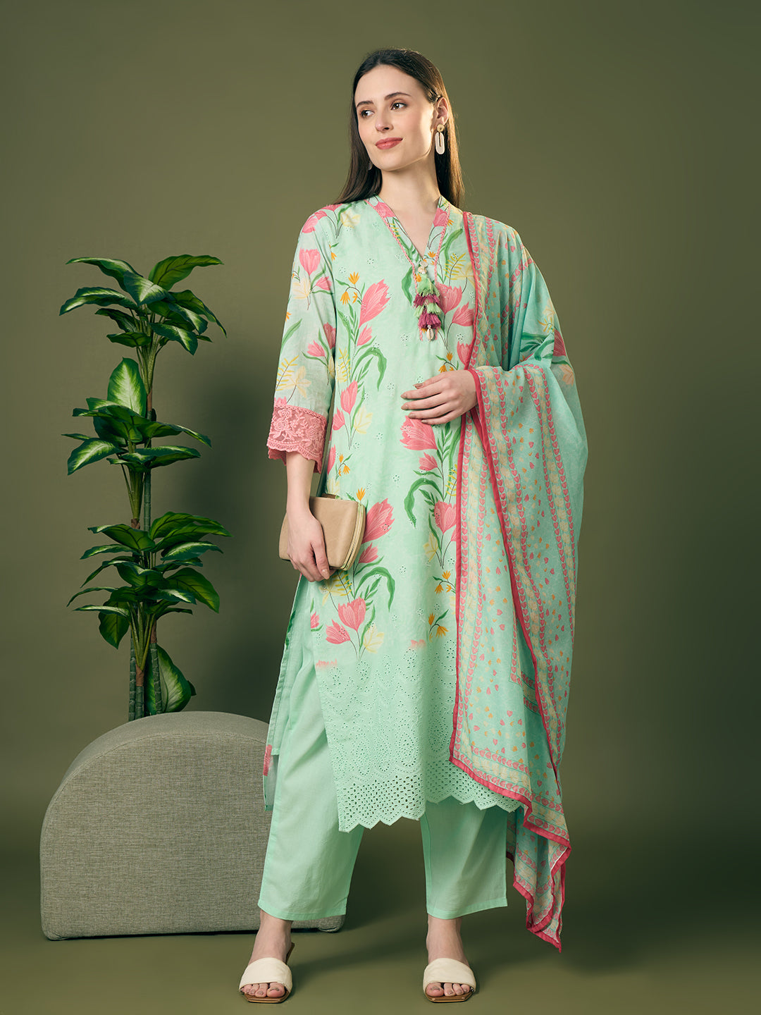 Abstract Floral Printed Schiffli Straight Kurta with Pant & Dupatta - Green