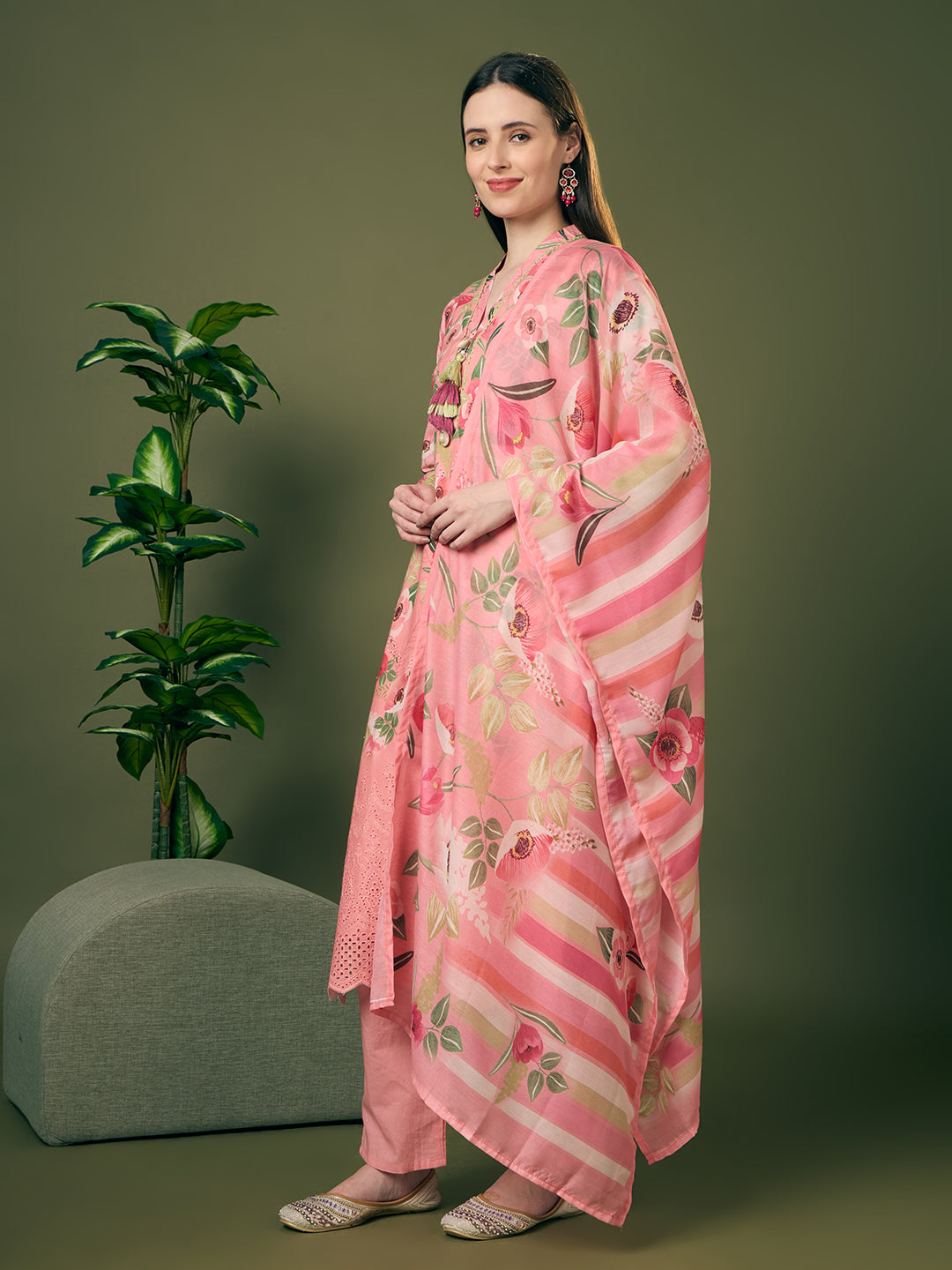 Abstract Floral Printed Schiffli Straight Kurta with Pant & Dupatta - Pink
