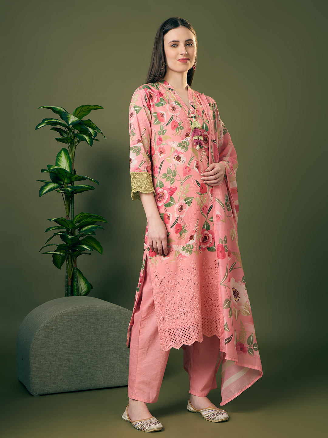 Abstract Floral Printed Schiffli Straight Kurta with Pant & Dupatta - Pink