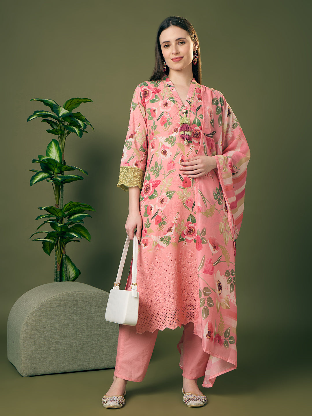 Abstract Floral Printed Schiffli Straight Kurta with Pant & Dupatta - Pink