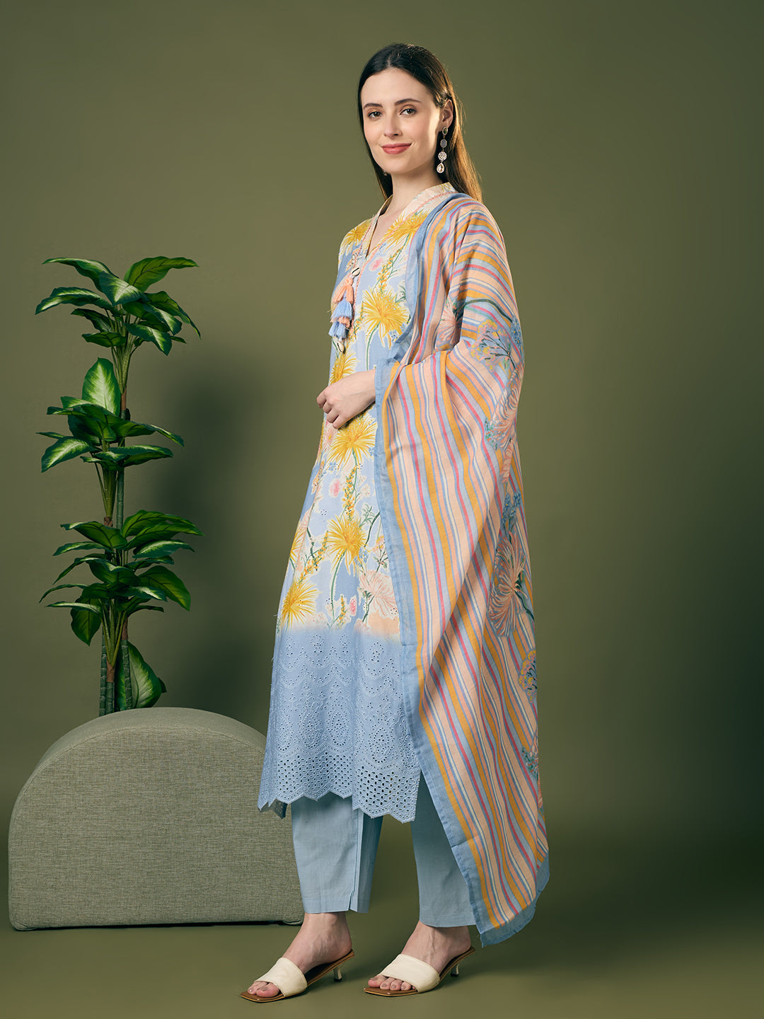 Abstract Floral Printed Schiffli Straight Kurta with Pant & Dupatta - Blue