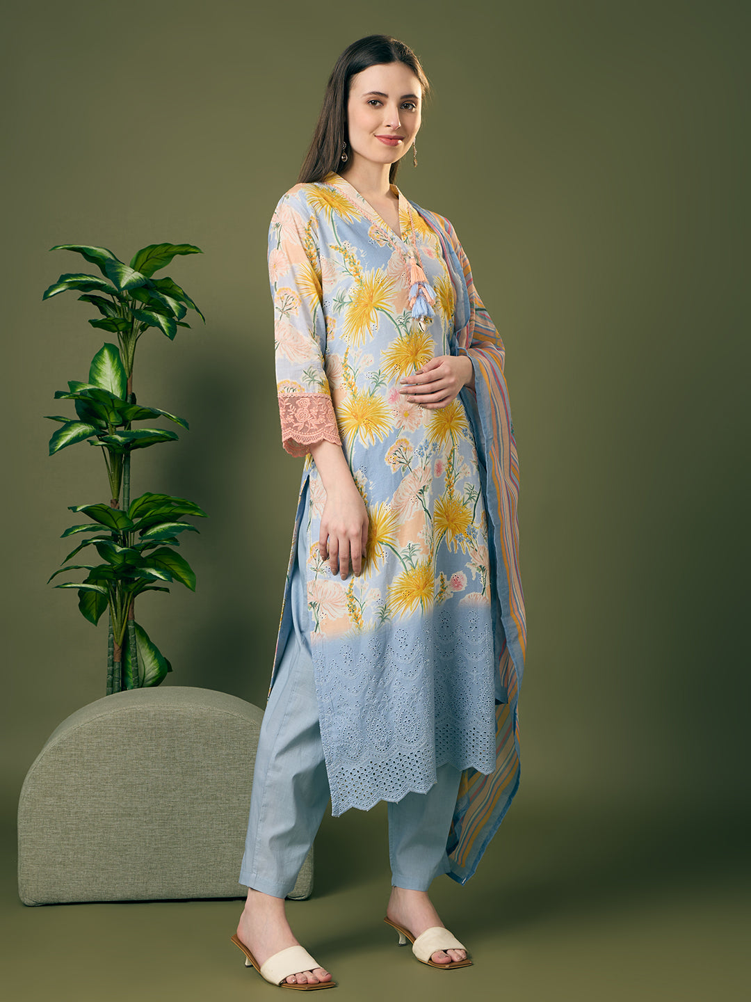 Abstract Floral Printed Schiffli Straight Kurta with Pant & Dupatta - Blue
