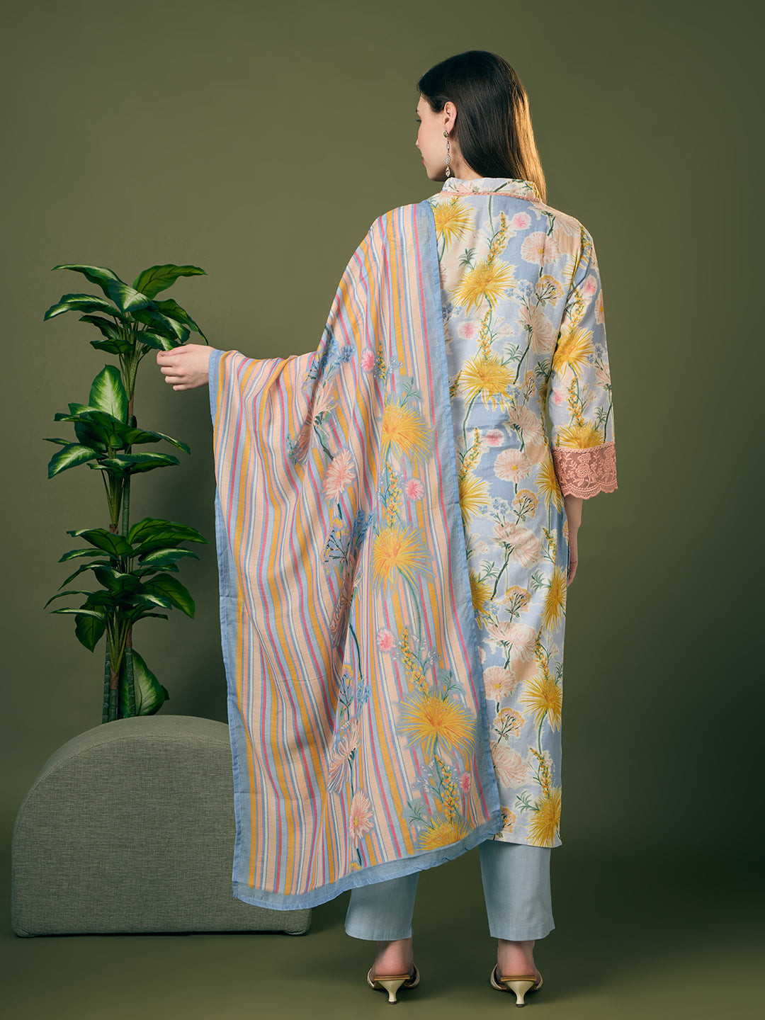 Abstract Floral Printed Schiffli Straight Kurta with Pant & Dupatta - Blue