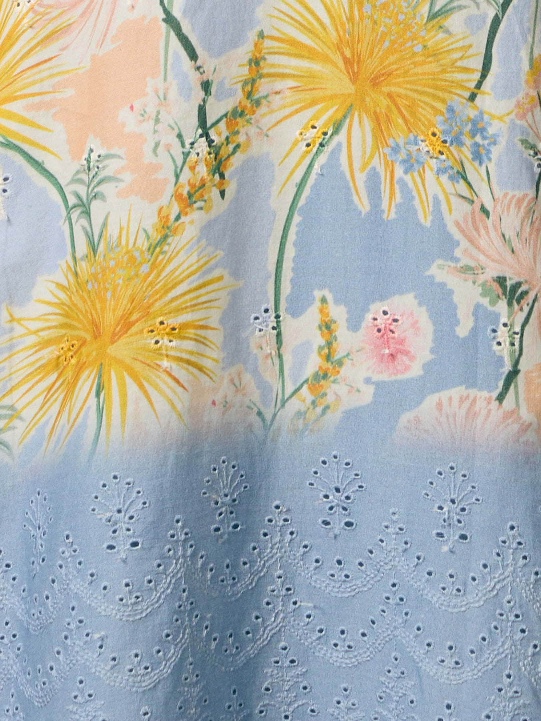 Abstract Floral Printed Schiffli Straight Kurta with Pant & Dupatta - Blue