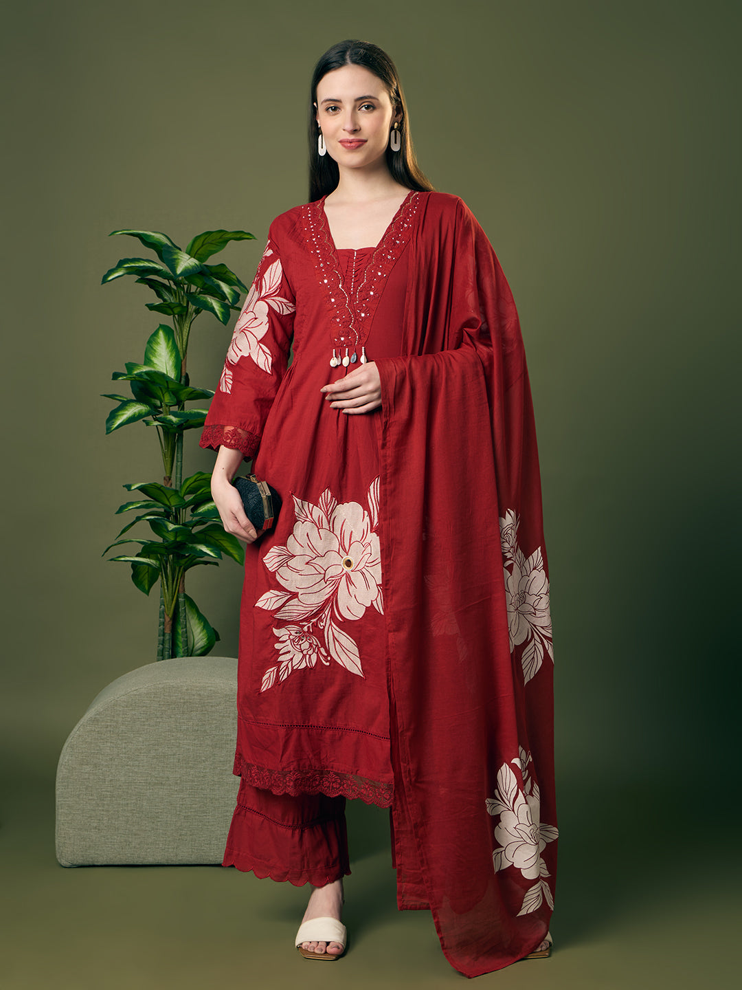 Floral Printed & Applique Embroidered A-Line Kurta with Palazzo and Dupatta - Maroon