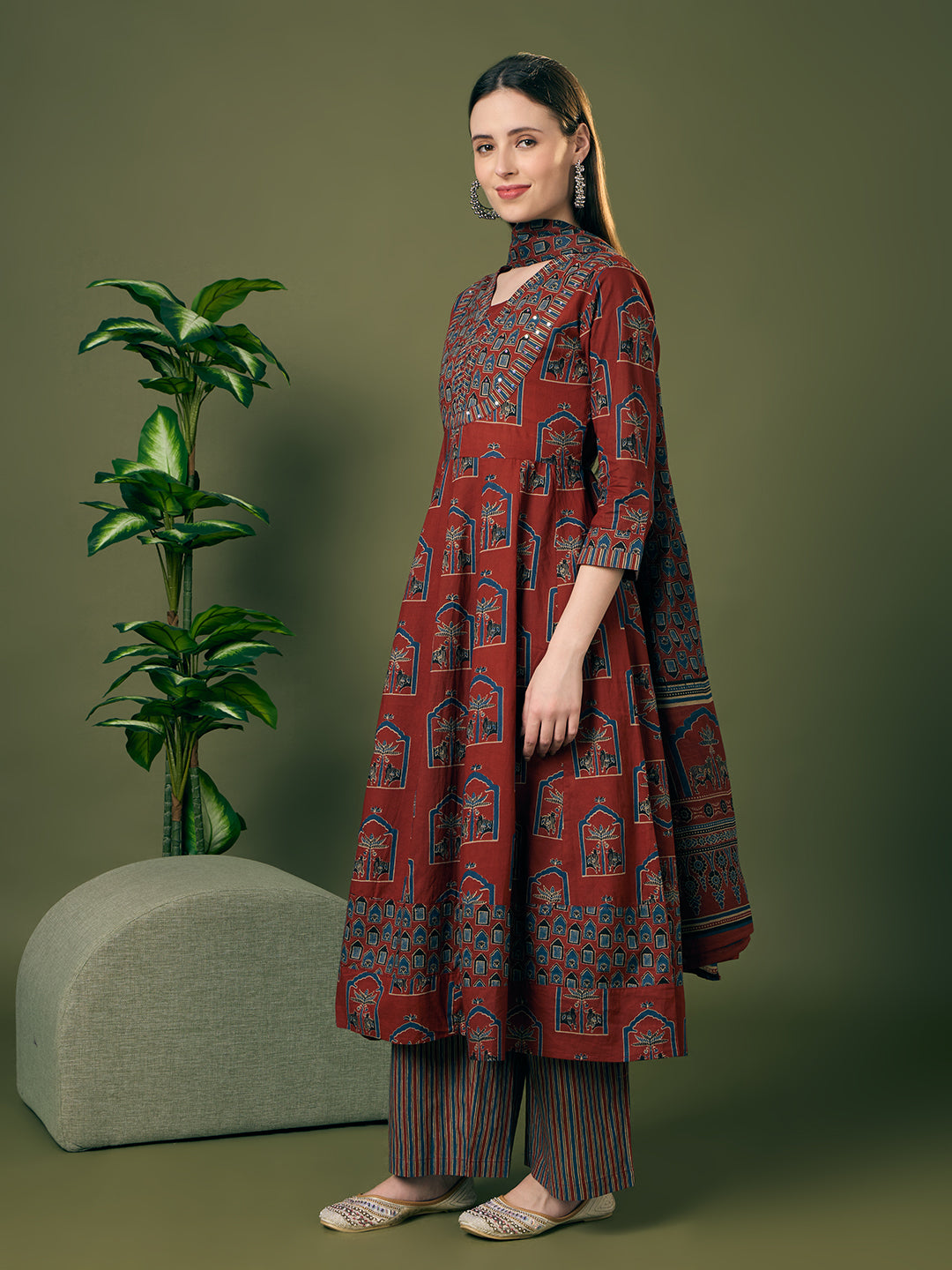 Ethnic Floral Printed Anarkali Flared Kurta with Palazzo and Dupatta - Rust