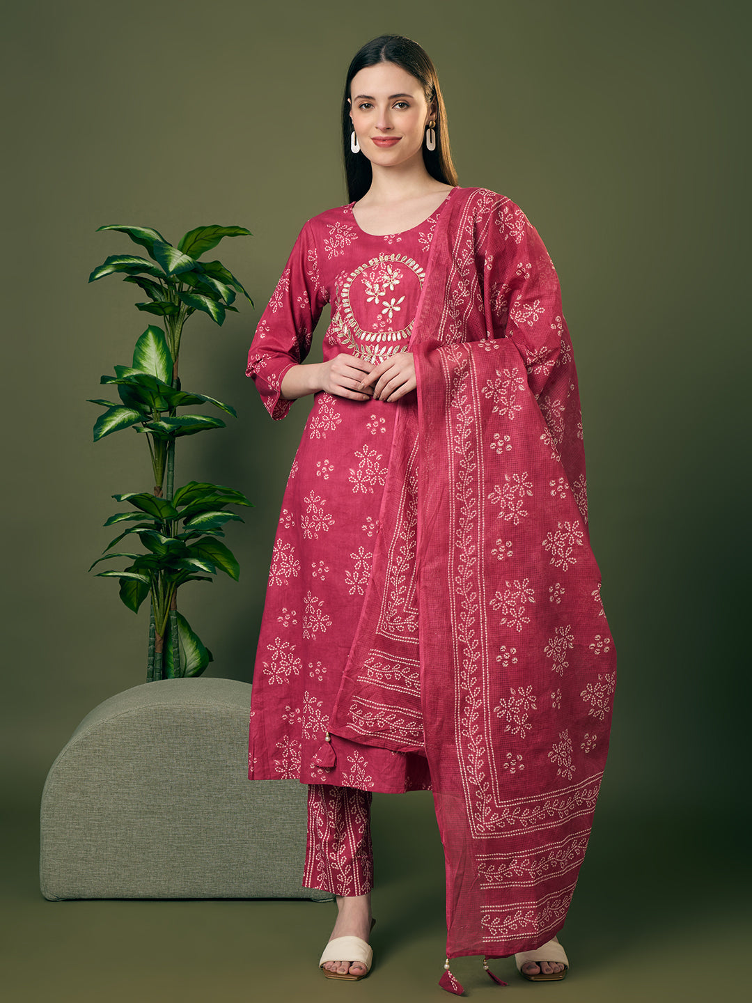 Bandhani Printed Gota Patti Work A-Line Kurta with Pant and Dupatta - Red