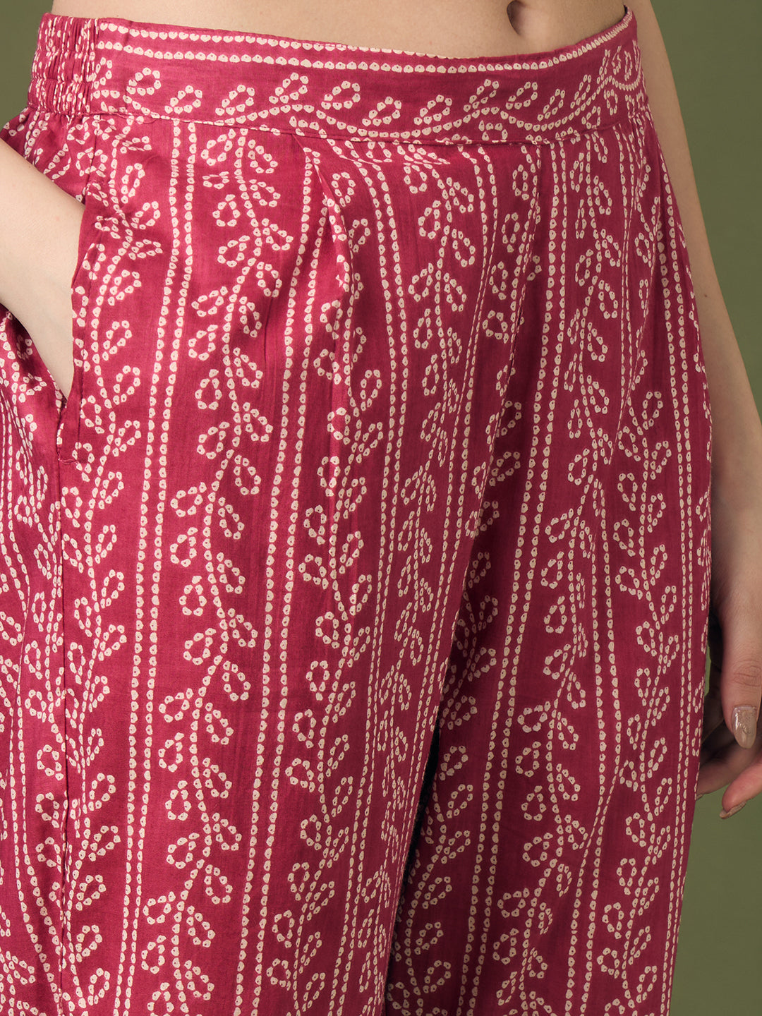 Bandhani Printed Gota Patti Work A-Line Kurta with Pant and Dupatta - Red