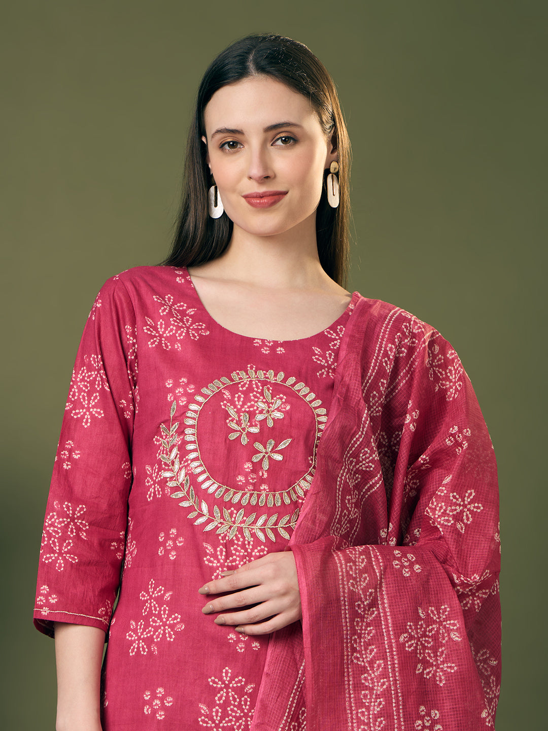 Bandhani Printed Gota Patti Work A-Line Kurta with Pant and Dupatta - Red