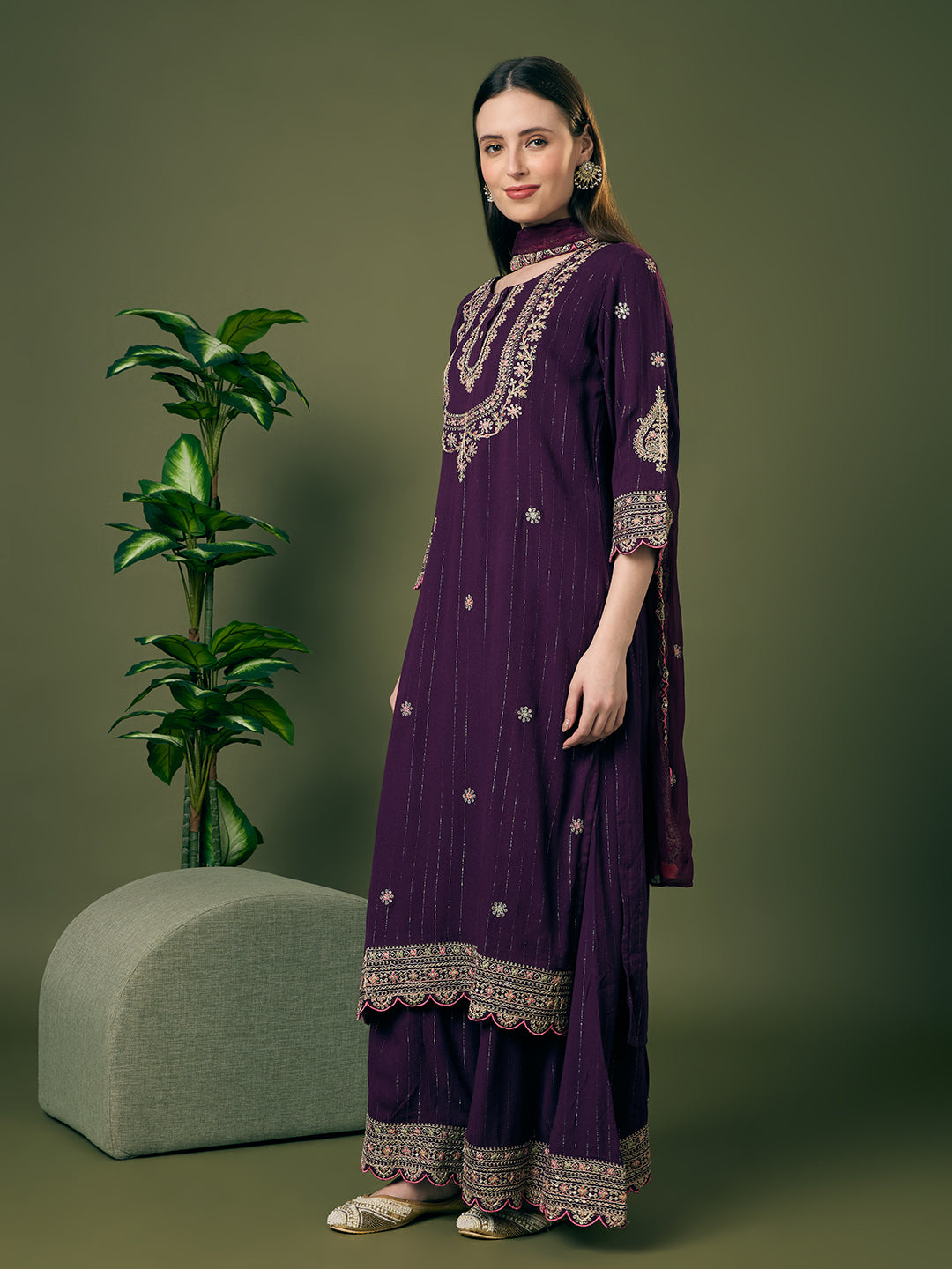 Solid Lurex Floral Embroidered Straight Kurta with Palazzo and Dupatta - Purple