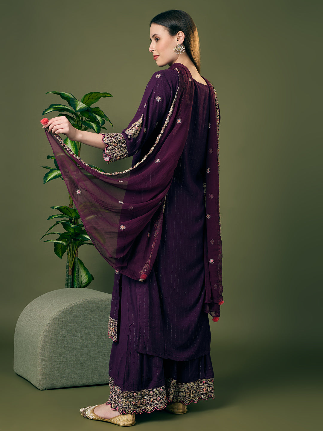 Solid Lurex Floral Embroidered Straight Kurta with Palazzo and Dupatta - Purple
