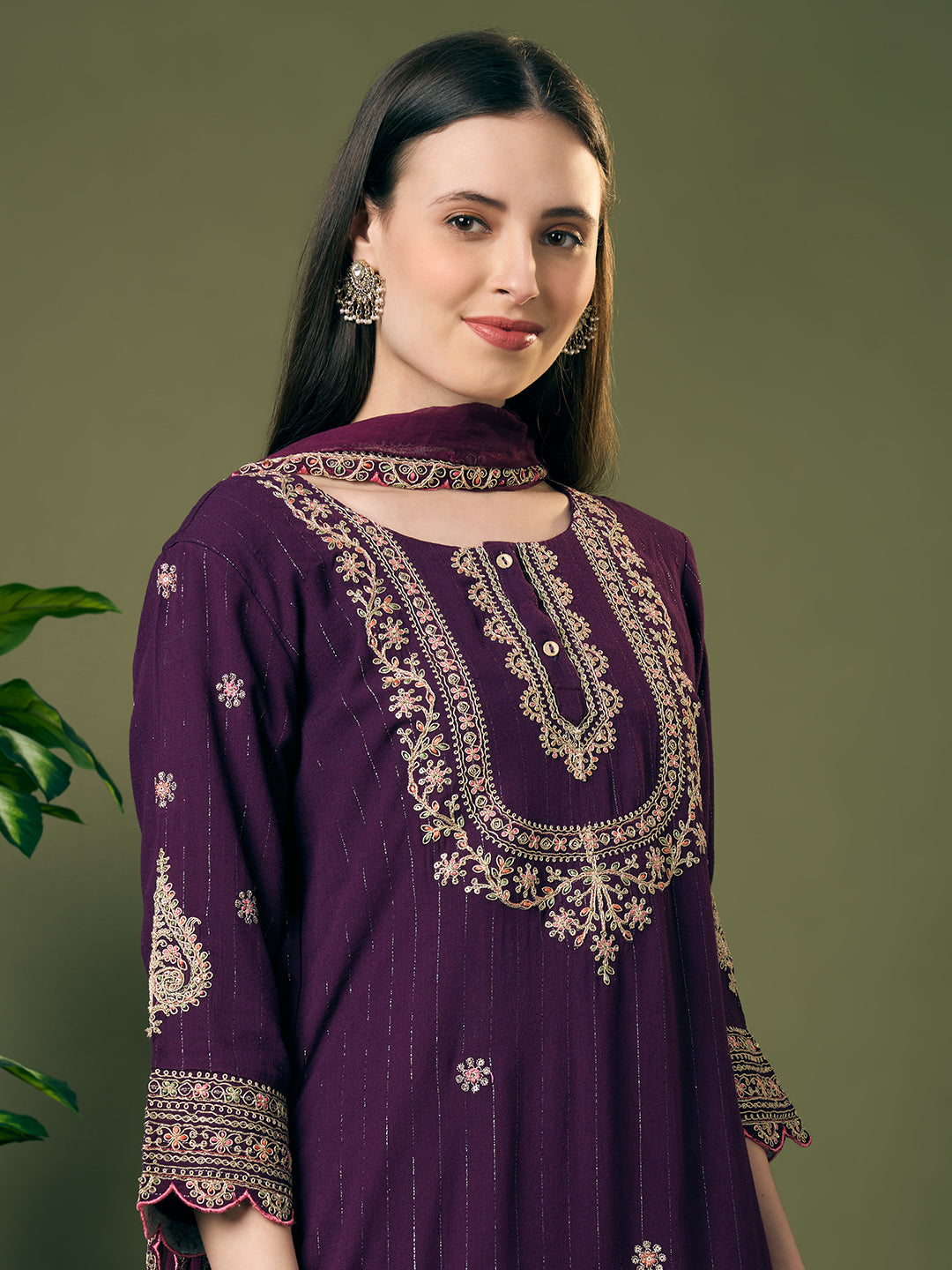 Solid Lurex Floral Embroidered Straight Kurta with Palazzo and Dupatta - Purple