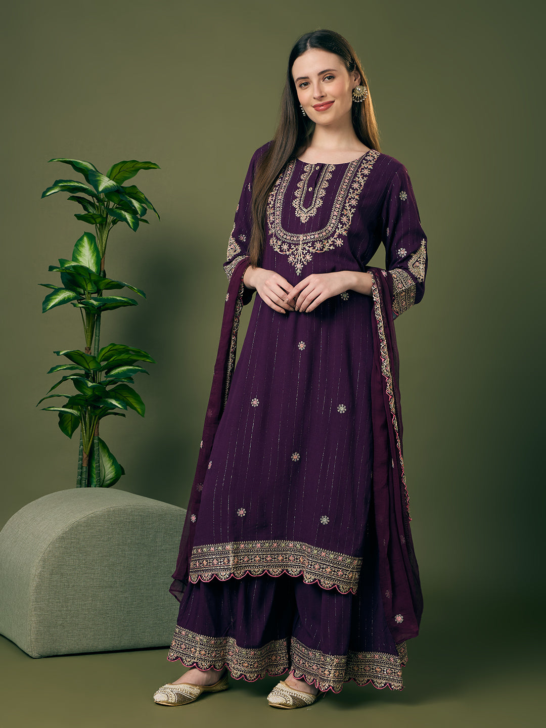 Solid Lurex Floral Embroidered Straight Kurta with Palazzo and Dupatta - Purple