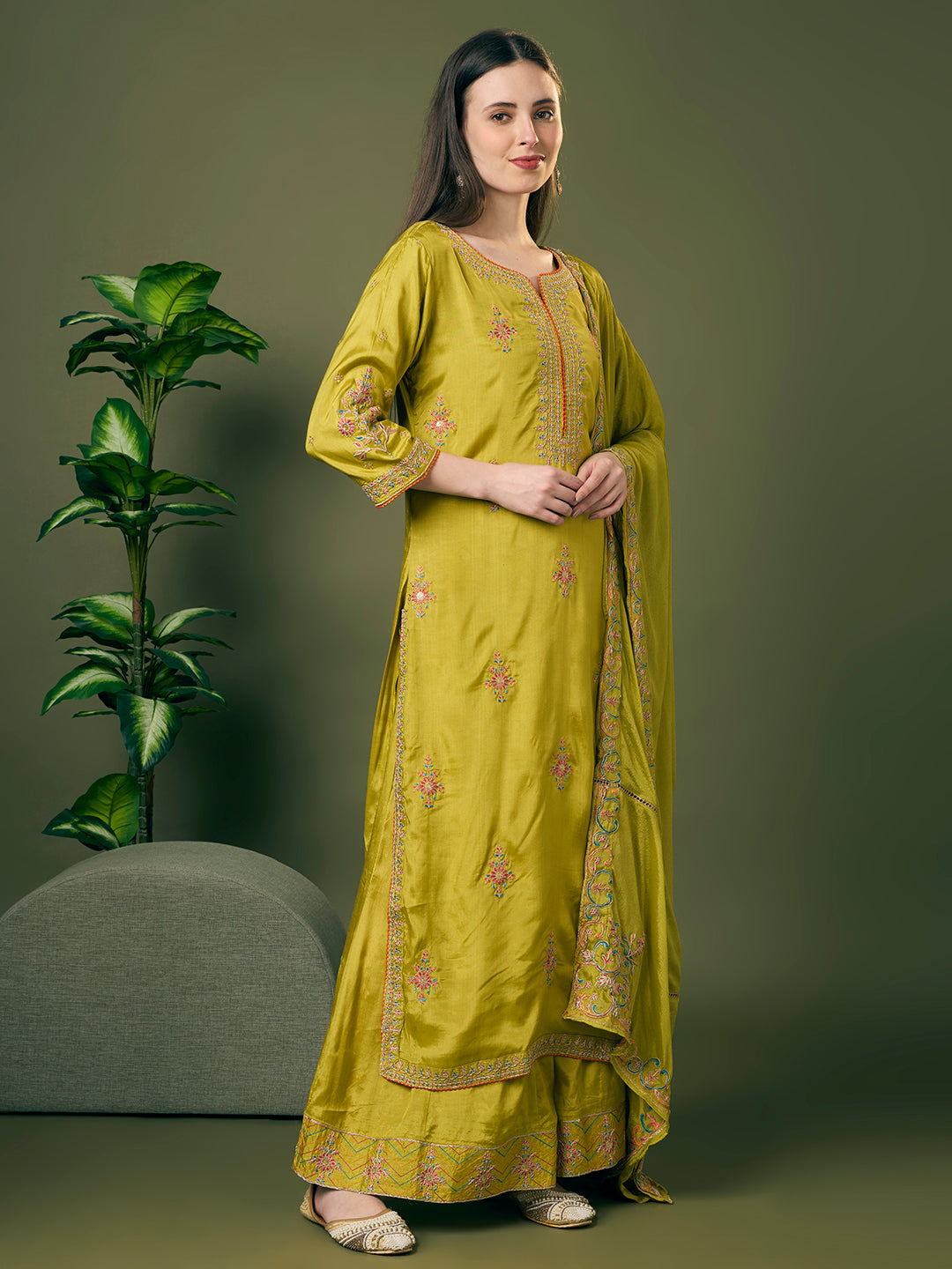 Festive Floral Embroidered Straight Fit Kurta with Flared Palazzo and Dupatta - Lime Green
