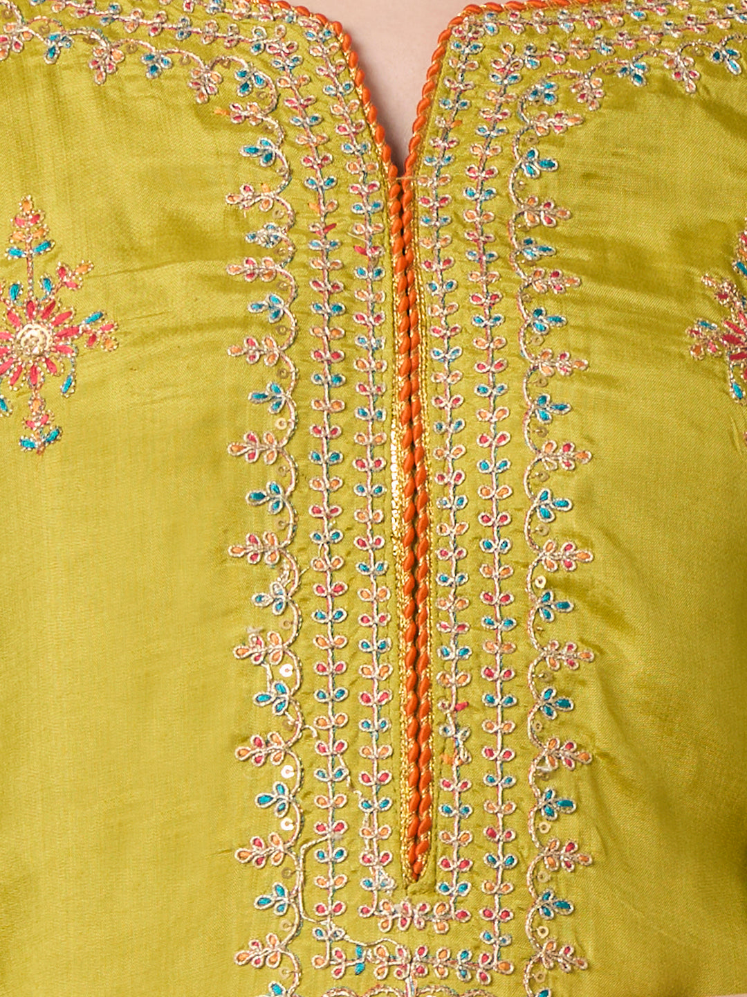 Festive Floral Embroidered Straight Fit Kurta with Flared Palazzo and Dupatta - Lime Green