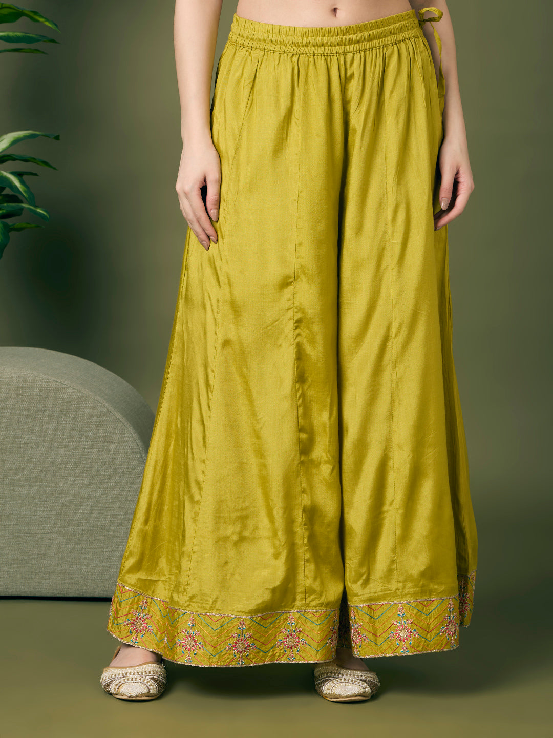 Festive Floral Embroidered Straight Fit Kurta with Flared Palazzo and Dupatta - Lime Green