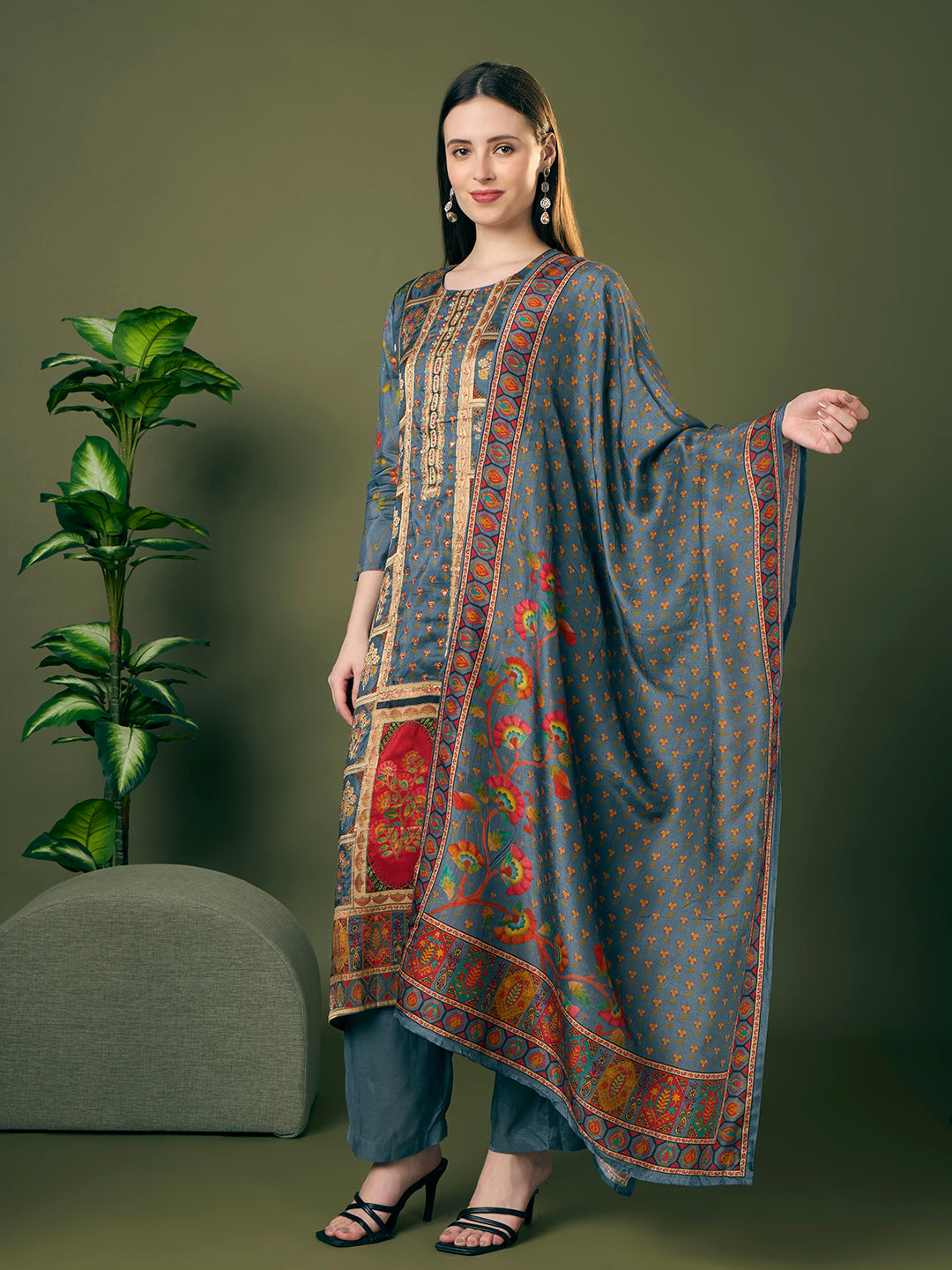 Festive Floral Printed & Embroidered Straight Kurta with Pant & Dupatta - Grey