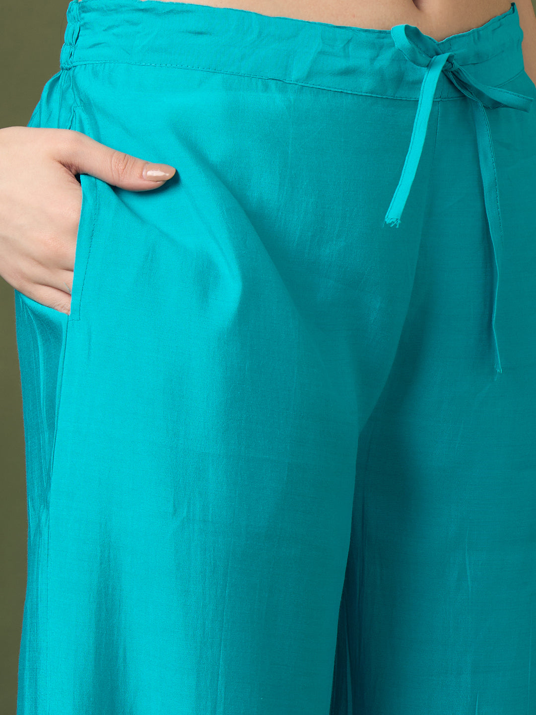 Solid Threadwork Embroidered A-Line Kurta with Palazzo & Dupatta - Turquoise Blue