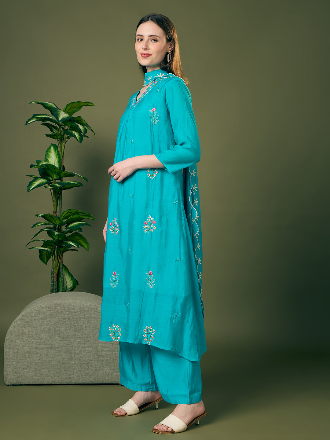 Solid Threadwork Embroidered A-Line Kurta with Palazzo & Dupatta - Turquoise Blue