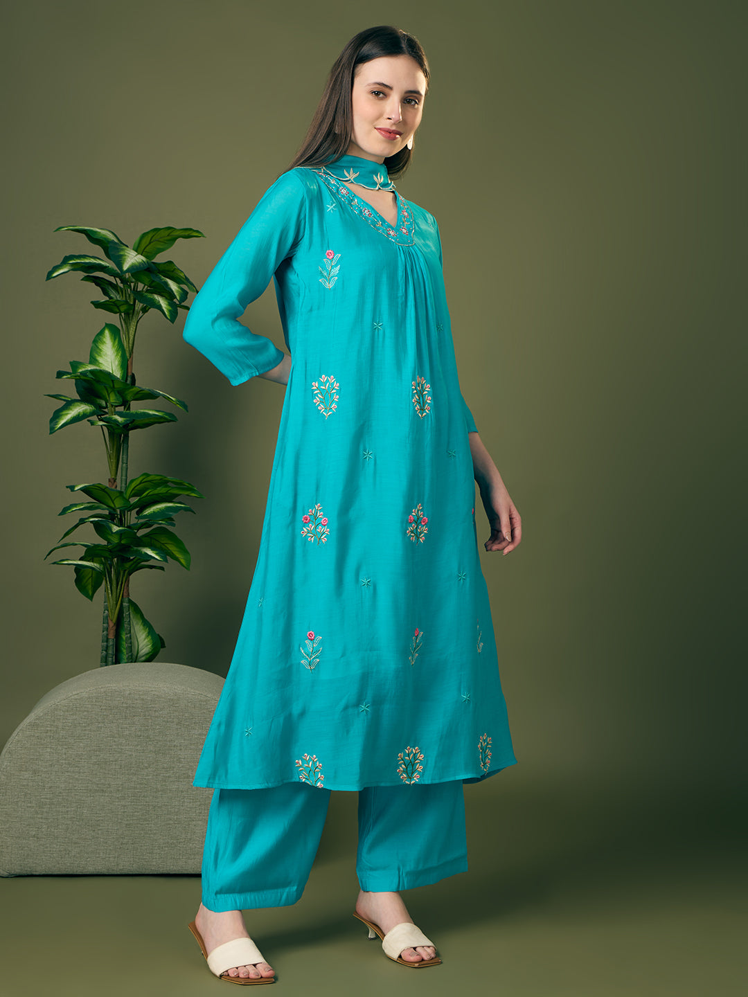 Solid Threadwork Embroidered A-Line Kurta with Palazzo & Dupatta - Turquoise Blue