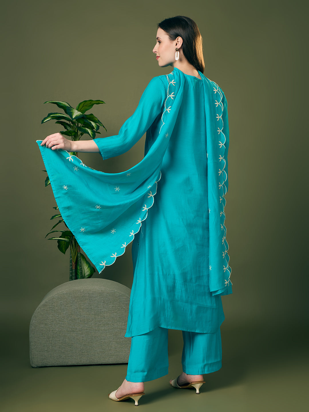 Solid Threadwork Embroidered A-Line Kurta with Palazzo & Dupatta - Turquoise Blue