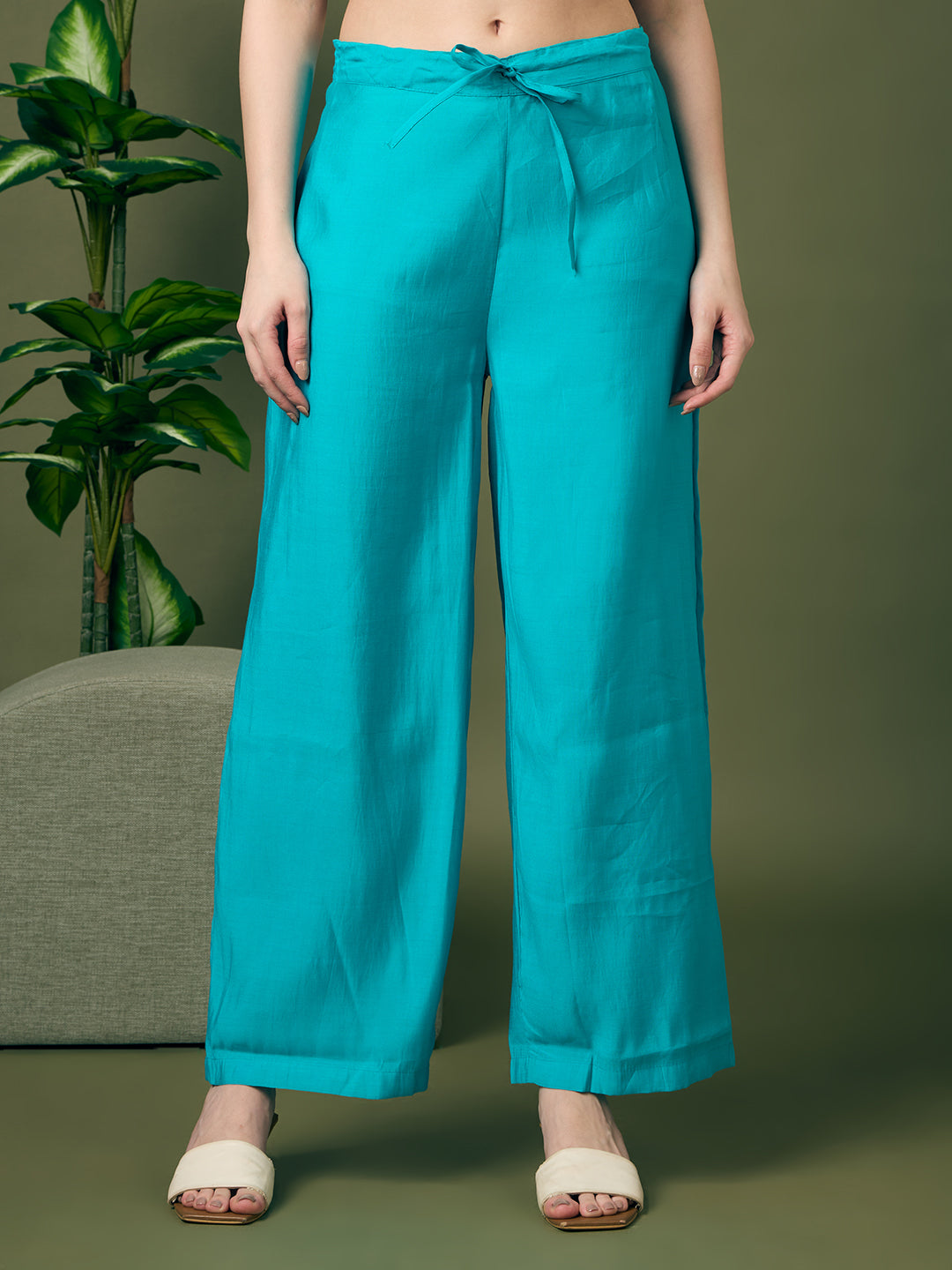 Solid Threadwork Embroidered A-Line Kurta with Palazzo & Dupatta - Turquoise Blue