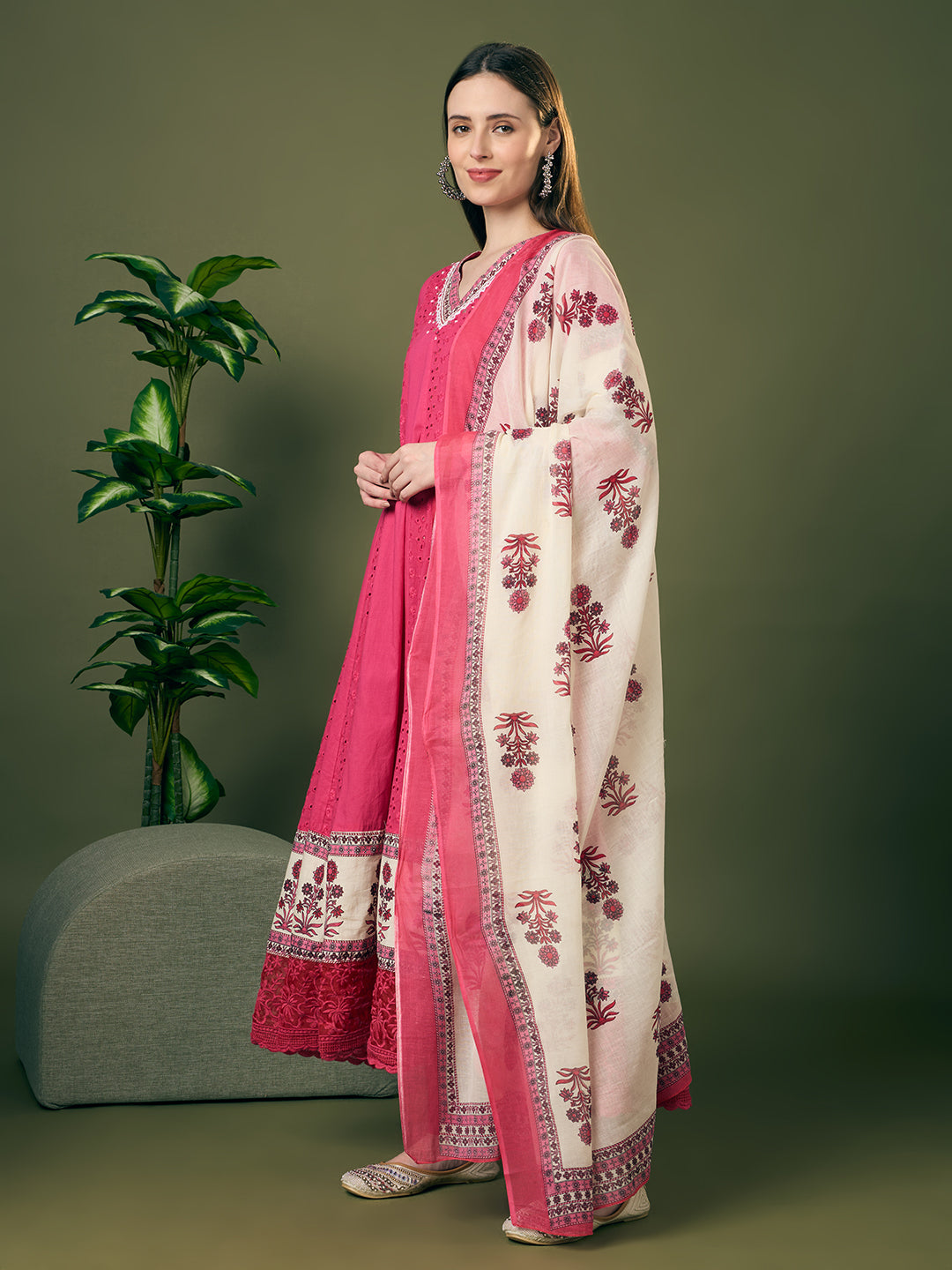 Solid Schiffli Floral Embroidered Anarkali with Pant & Dupatta - Pink