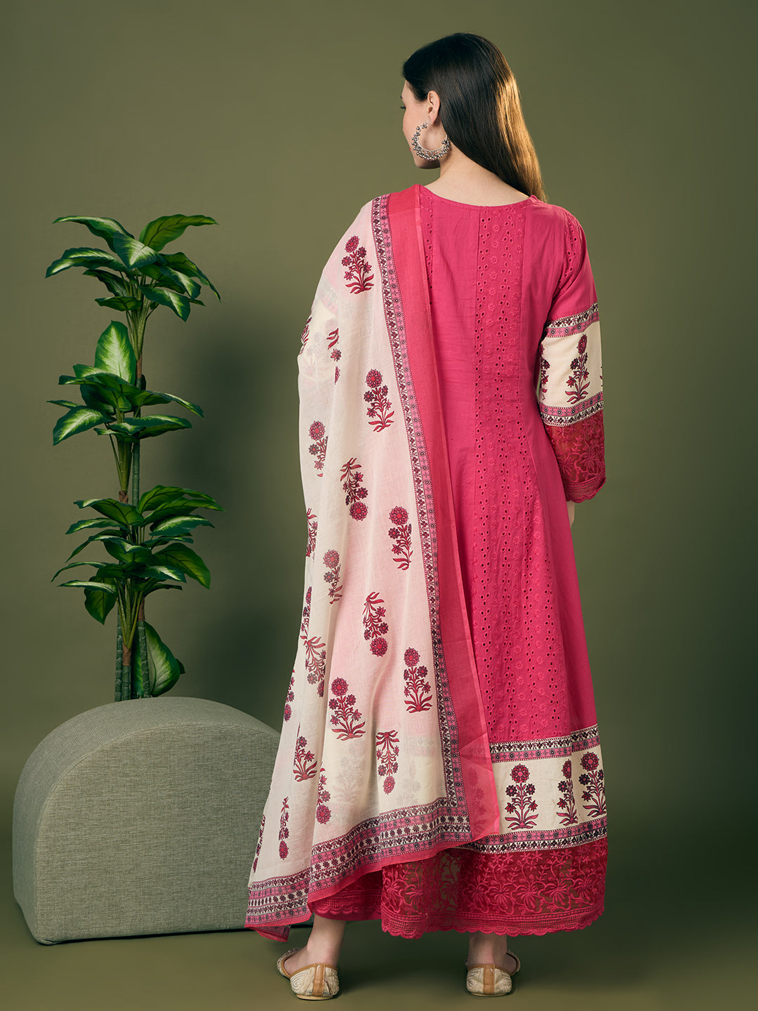 Solid Schiffli Floral Embroidered Anarkali with Pant & Dupatta - Pink