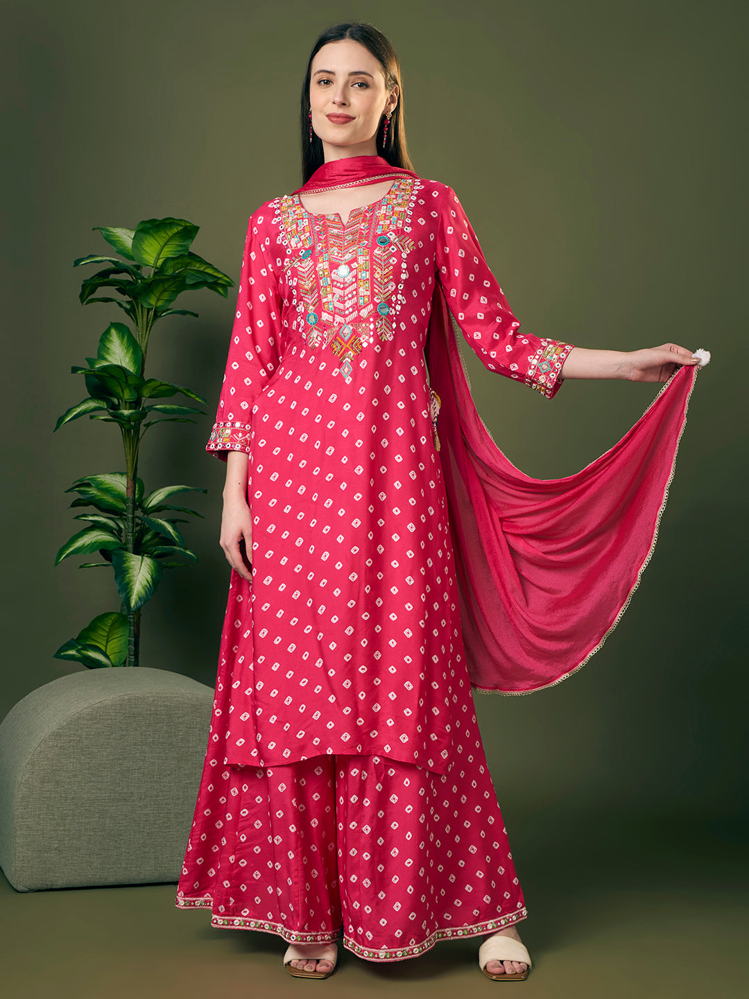 Festive Bandhani Printed Mirror Embroidered Straight Fit Kurta with Flared Palazzo and Dupatta - Pink
