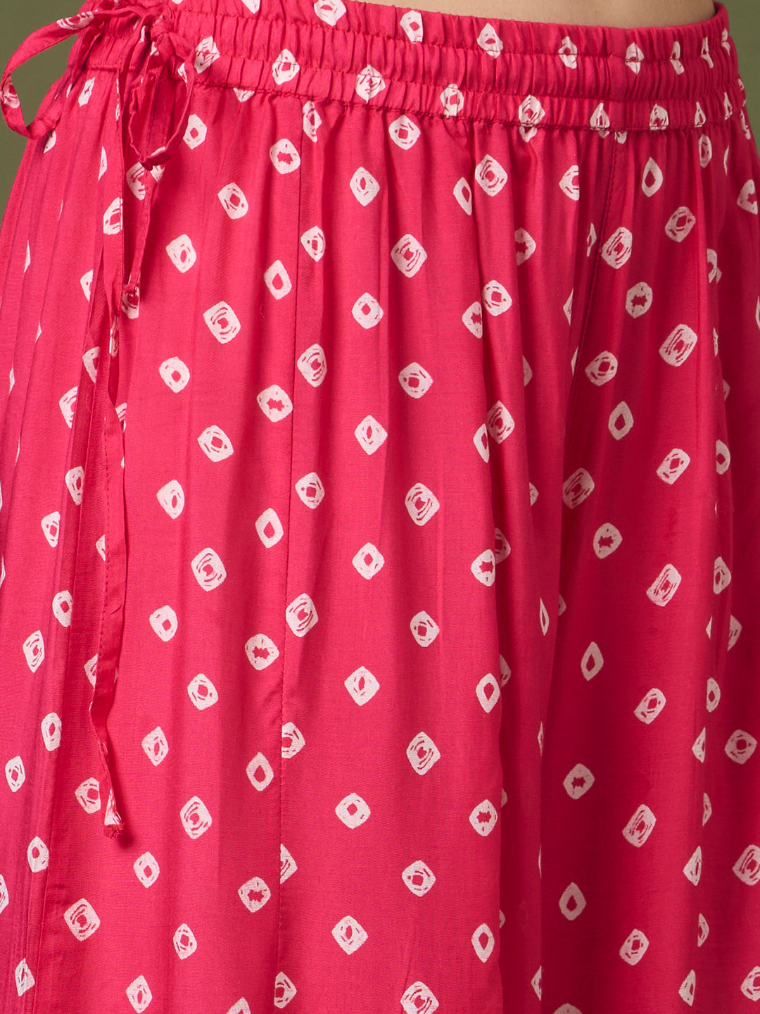 Festive Bandhani Printed Mirror Embroidered Straight Fit Kurta with Flared Palazzo and Dupatta - Pink