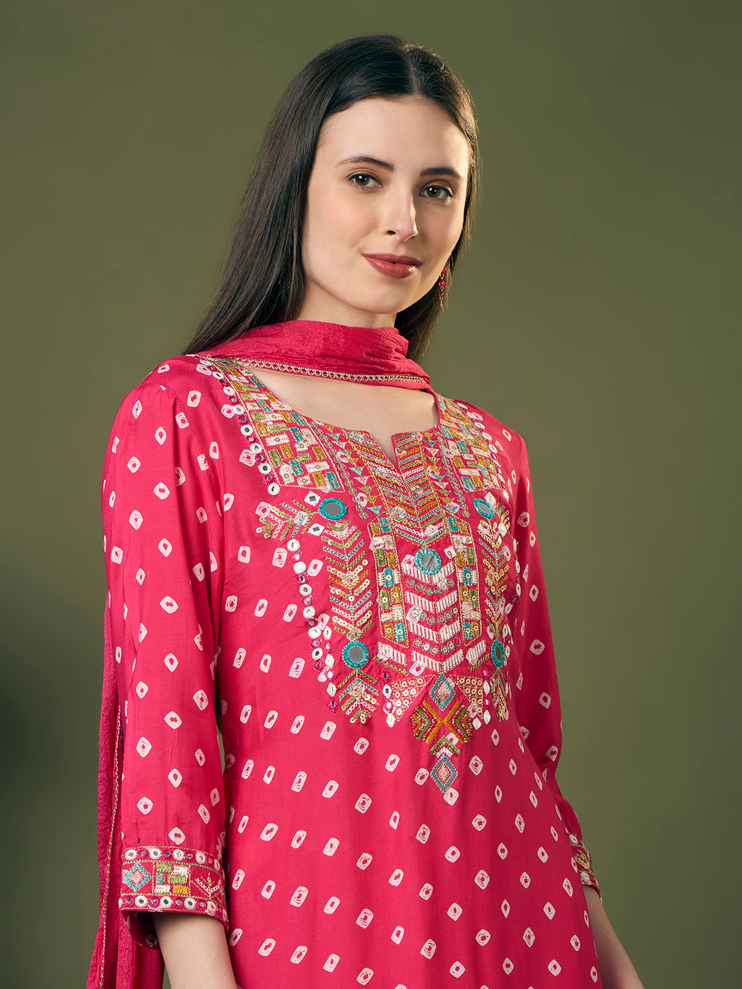 Festive Bandhani Printed Mirror Embroidered Straight Fit Kurta with Flared Palazzo and Dupatta - Pink