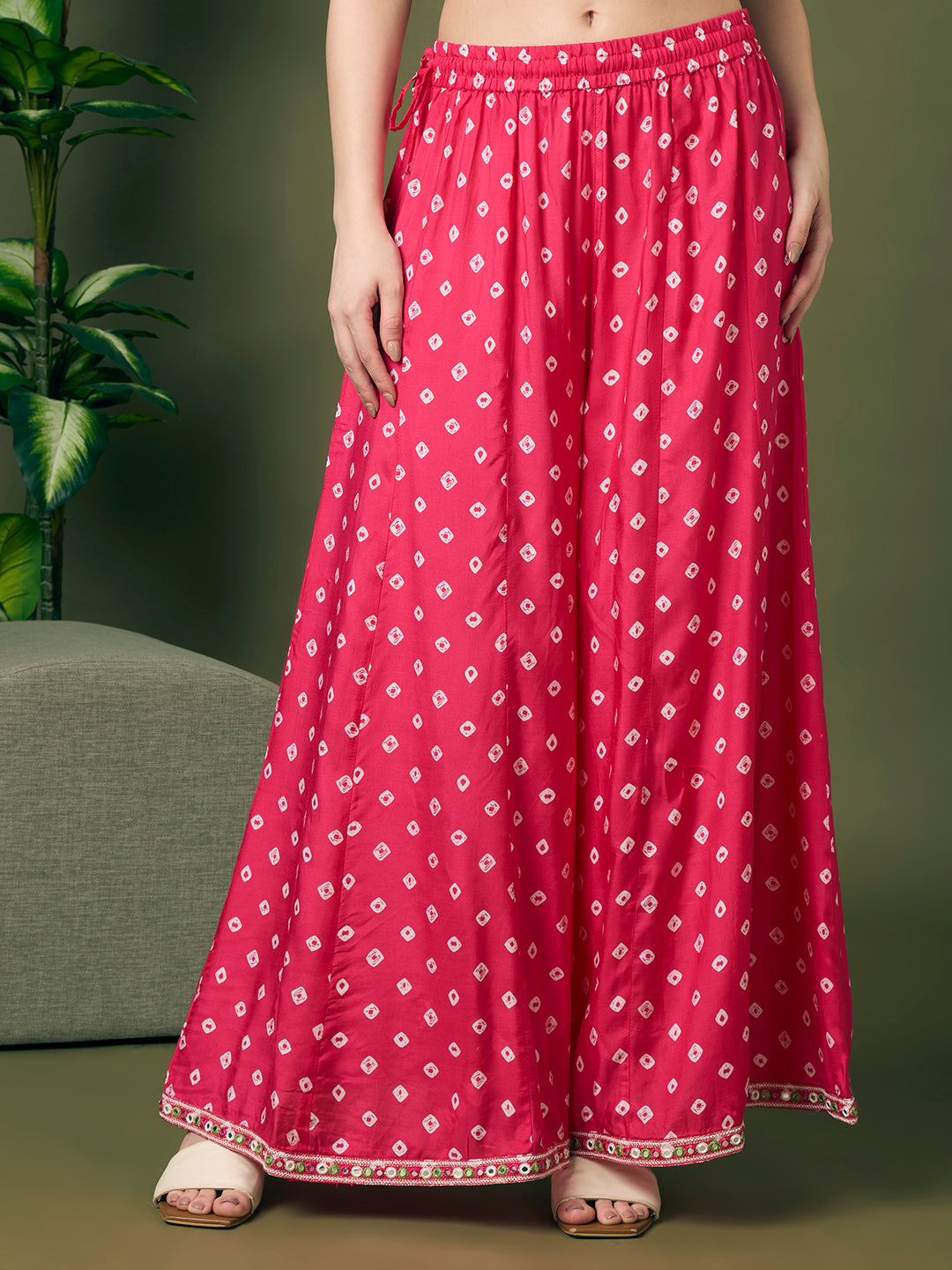 Festive Bandhani Printed Mirror Embroidered Straight Fit Kurta with Flared Palazzo and Dupatta - Pink
