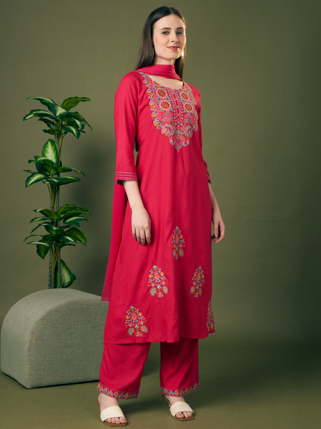 Solid Floral Threadwork Embroidered A-Line Kurta with Palazzo & Dupatta - Rani