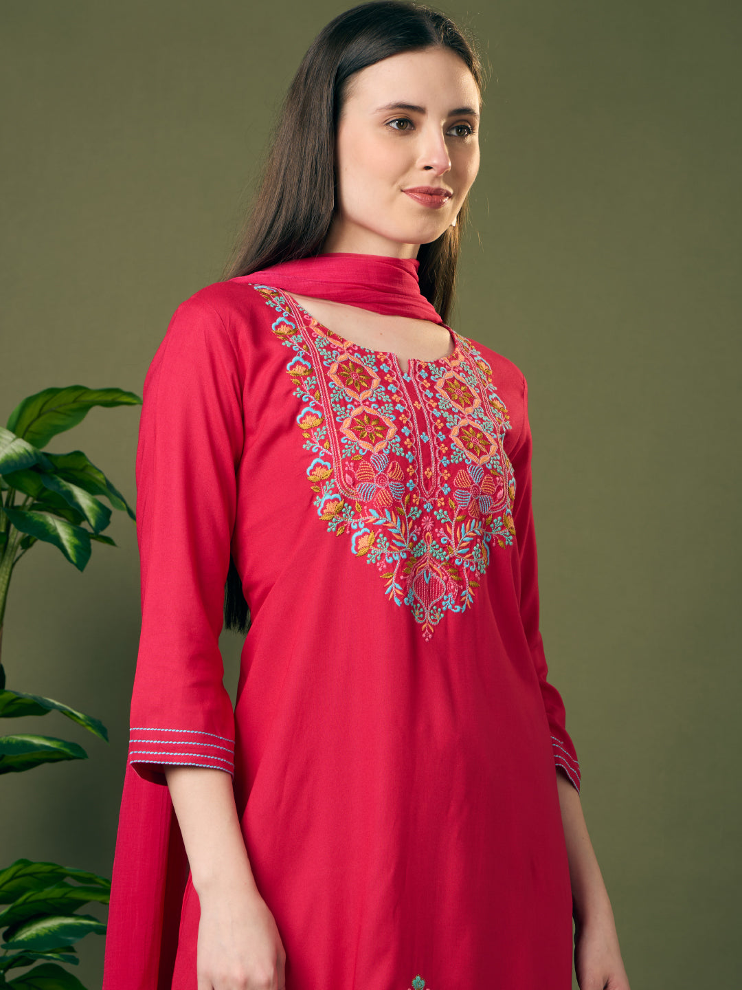 Solid Floral Threadwork Embroidered A-Line Kurta with Palazzo & Dupatta - Rani