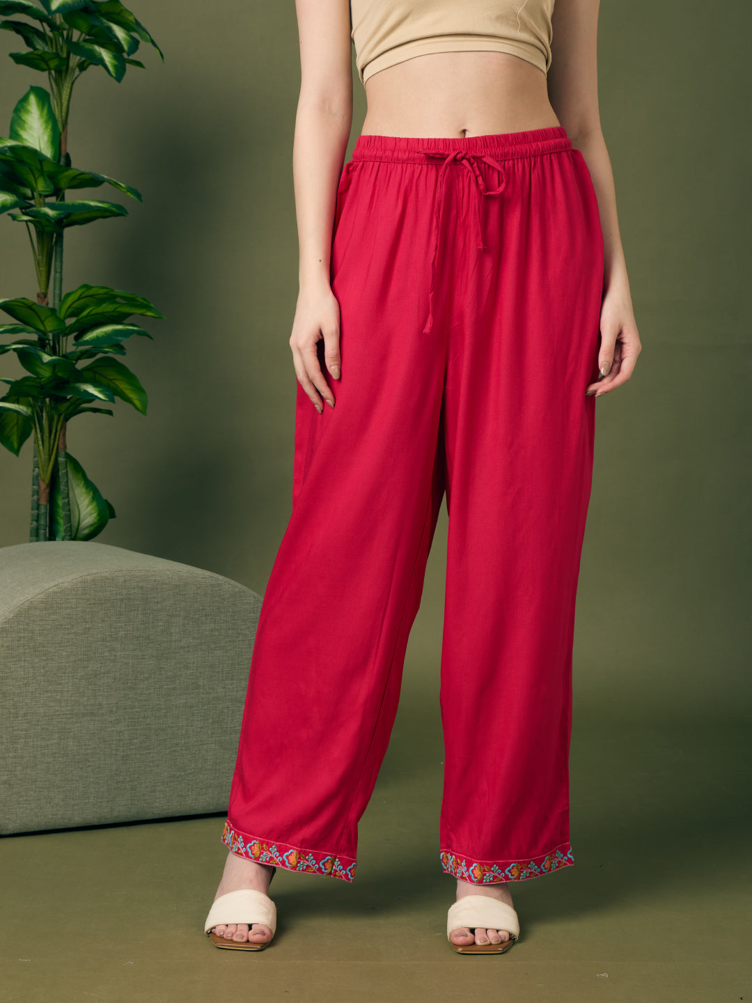 Solid Floral Threadwork Embroidered A-Line Kurta with Palazzo & Dupatta - Rani