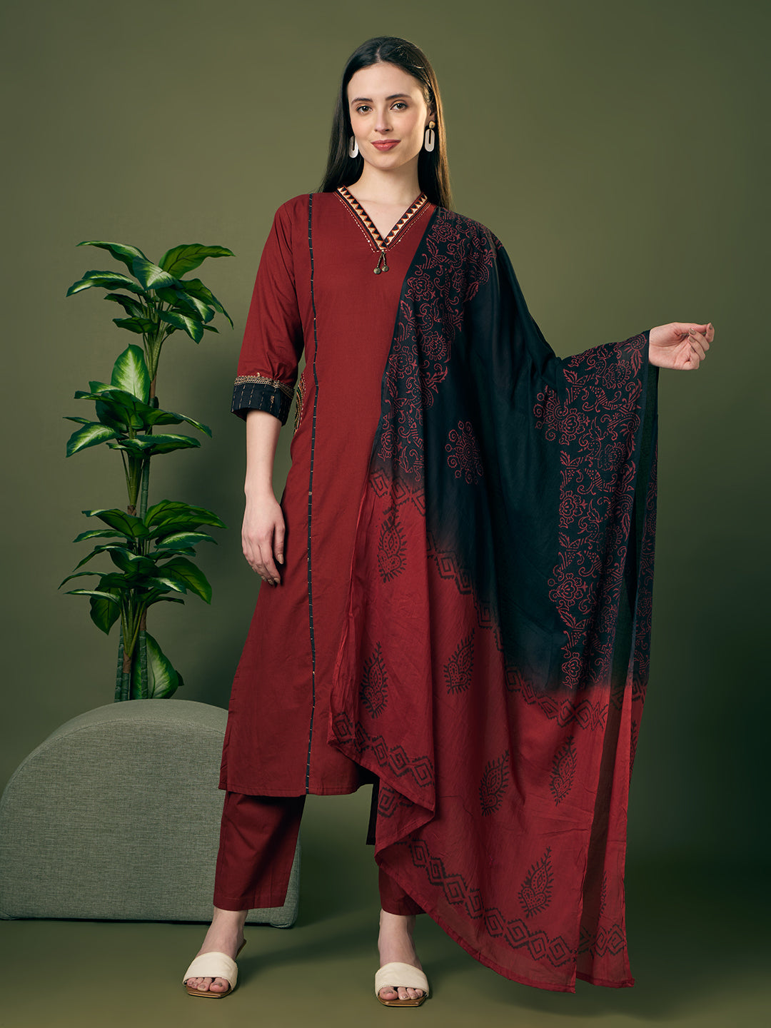 Solid Straight Fit Cotton Kurta with Pant & Ombre Dupatta - Maroon
