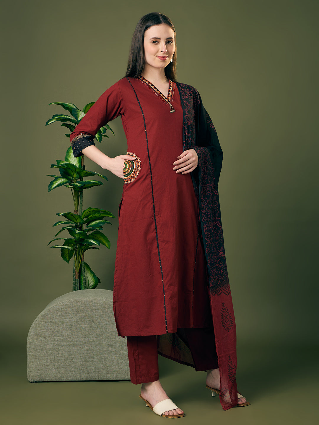 Solid Straight Fit Cotton Kurta with Pant & Ombre Dupatta - Maroon