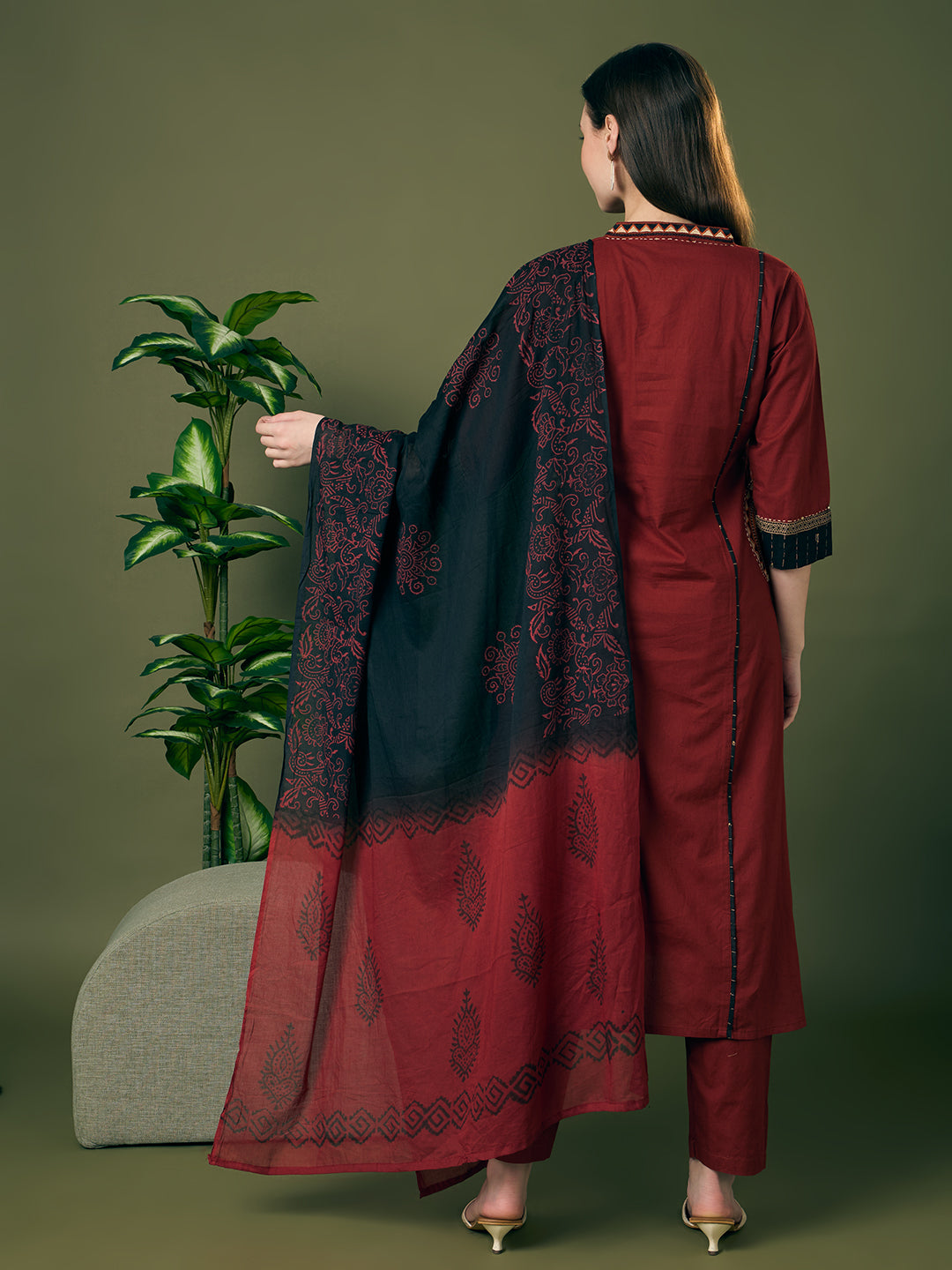 Solid Straight Fit Cotton Kurta with Pant & Ombre Dupatta - Maroon