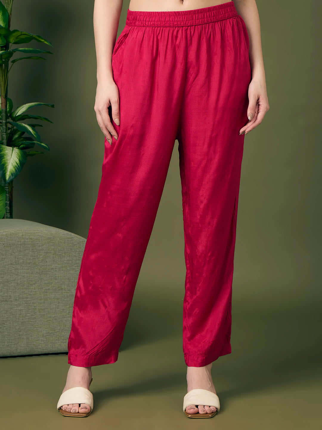 Festive Floral Printed & Embroidered Straight Kurta with Pant & Dupatta - Rani