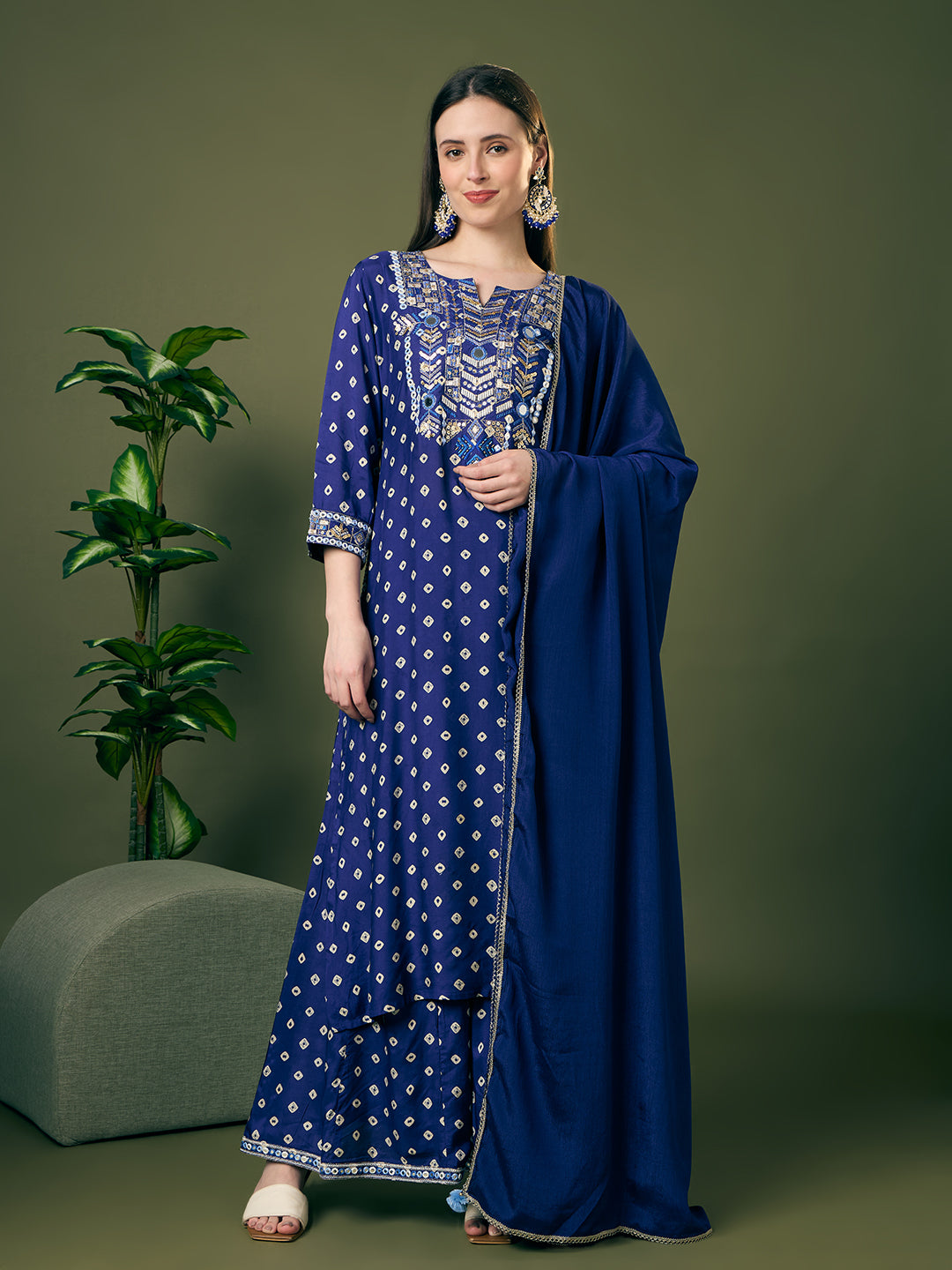 Festive Bandhani Printed Mirror Embroidered Straight Fit Kurta with Flared Palazzo and Dupatta - Navy Blue