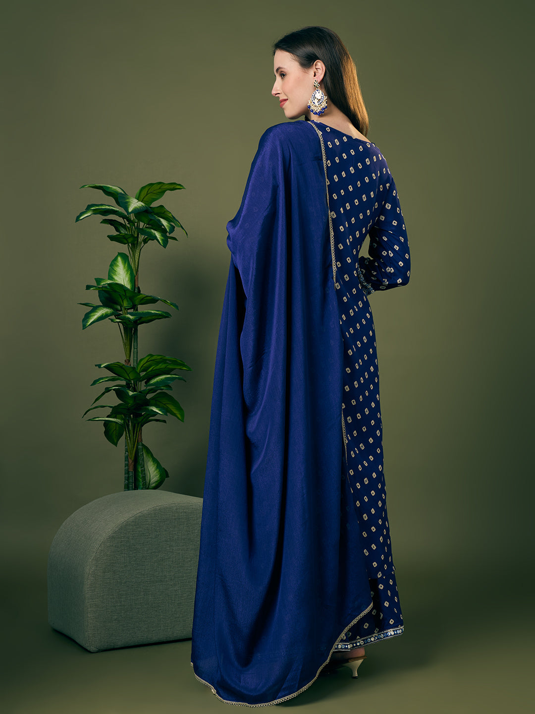Festive Bandhani Printed Mirror Embroidered Straight Fit Kurta with Flared Palazzo and Dupatta - Navy Blue