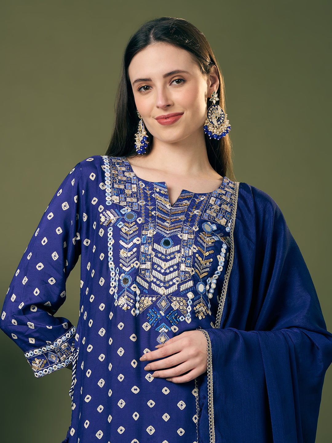 Festive Bandhani Printed Mirror Embroidered Straight Fit Kurta with Flared Palazzo and Dupatta - Navy Blue