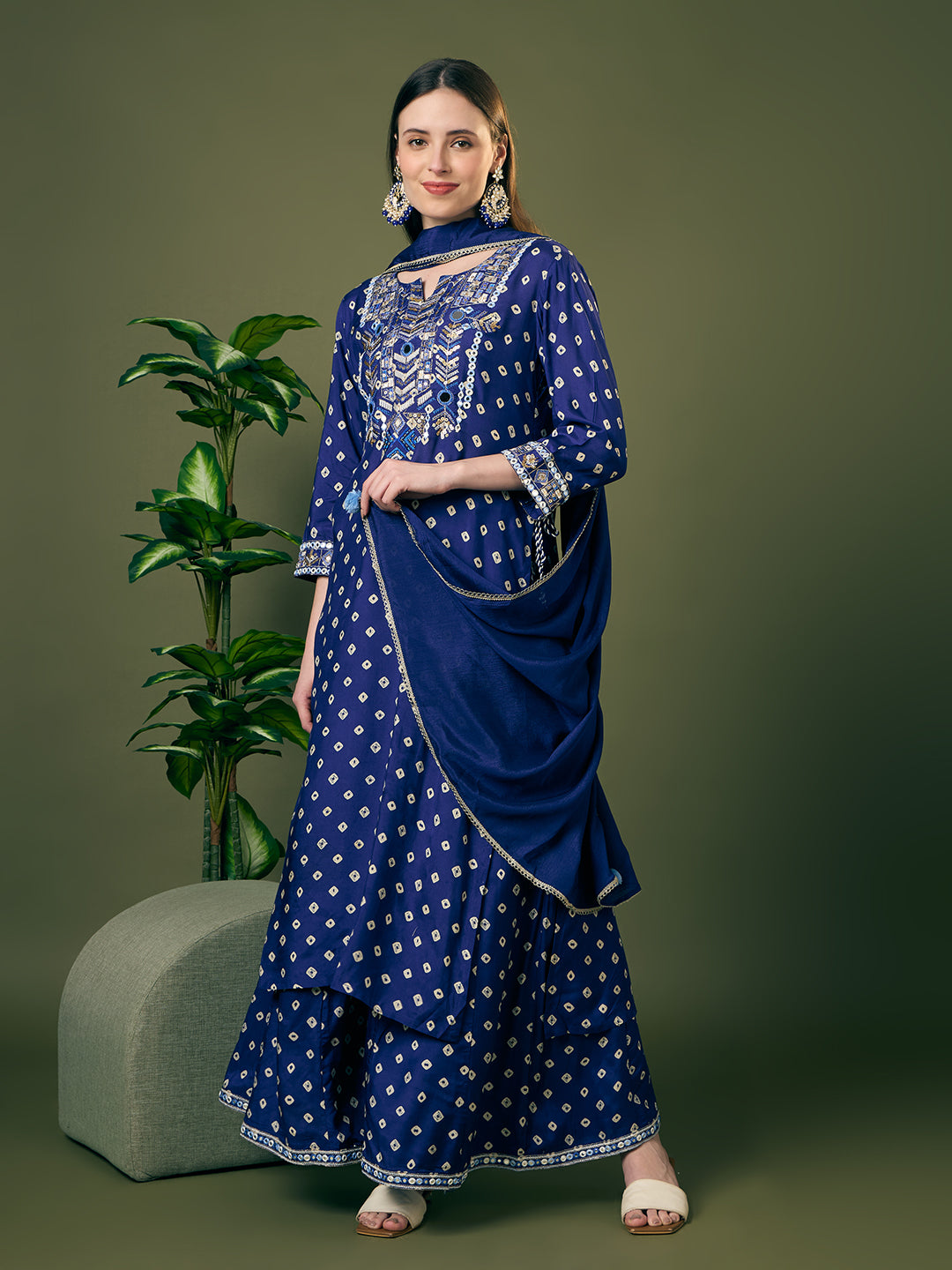 Festive Bandhani Printed Mirror Embroidered Straight Fit Kurta with Flared Palazzo and Dupatta - Navy Blue