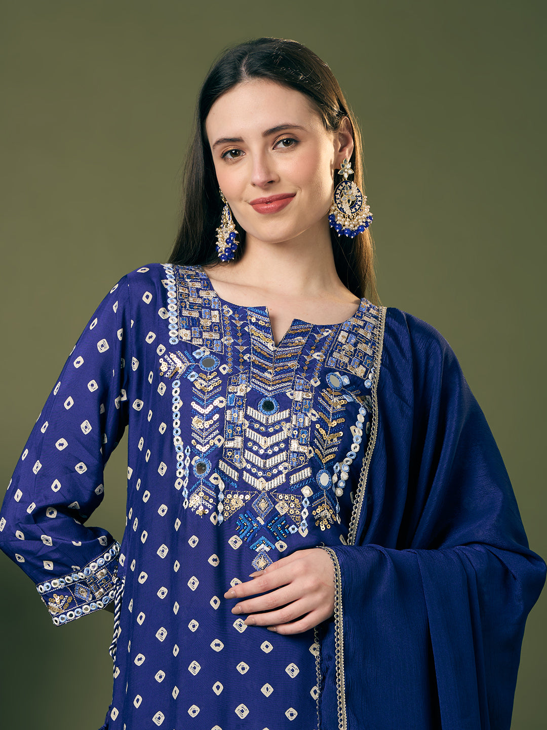 Festive Bandhani Printed Mirror Embroidered Straight Fit Kurta with Flared Palazzo and Dupatta - Navy Blue