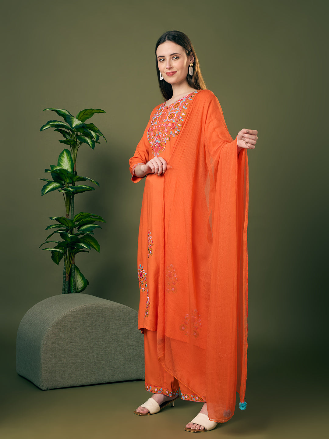 Solid Floral Threadwork Embroidered A-Line Kurta with Palazzo & Dupatta - Orange