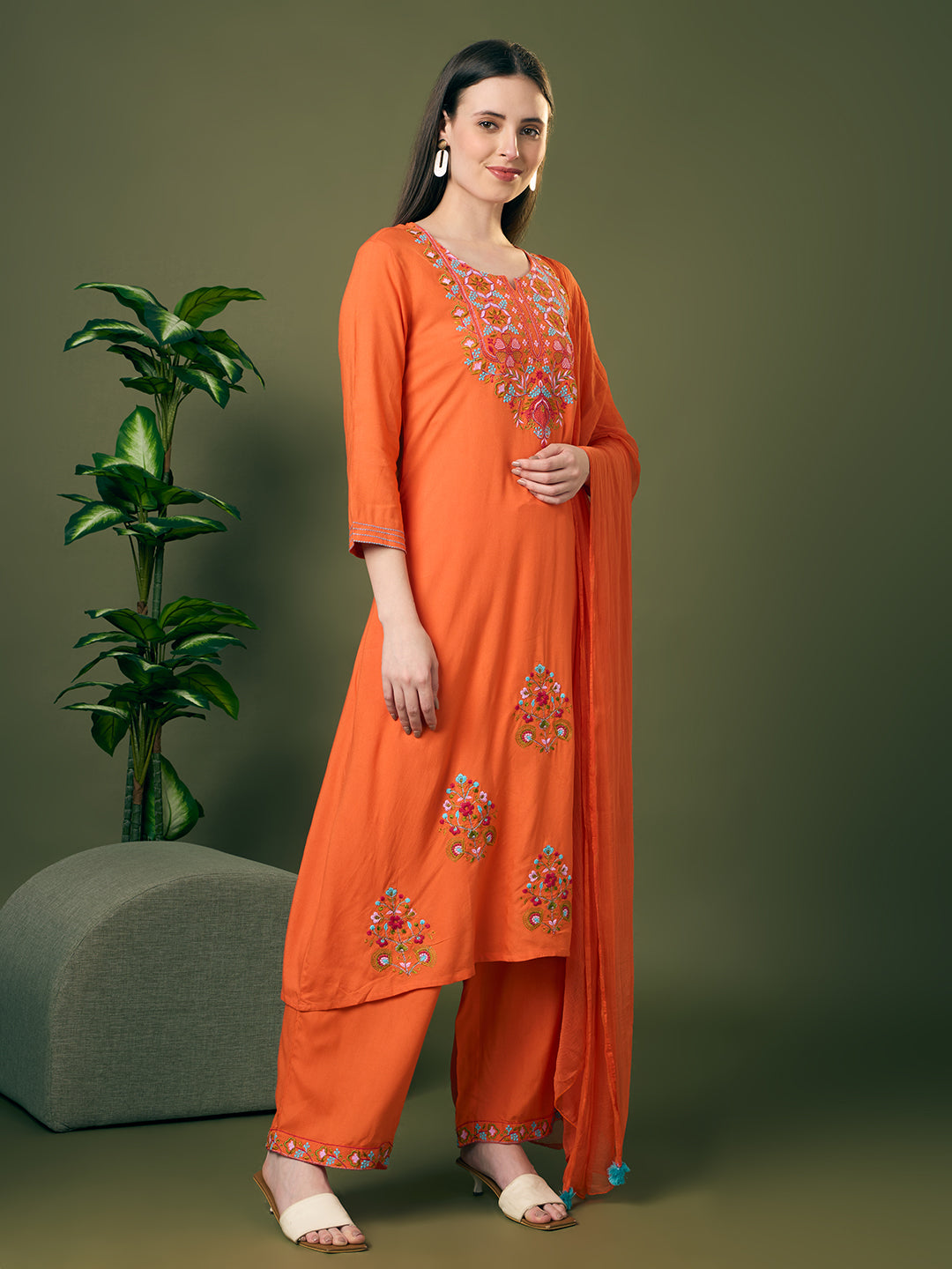 Solid Floral Threadwork Embroidered A-Line Kurta with Palazzo & Dupatta - Orange