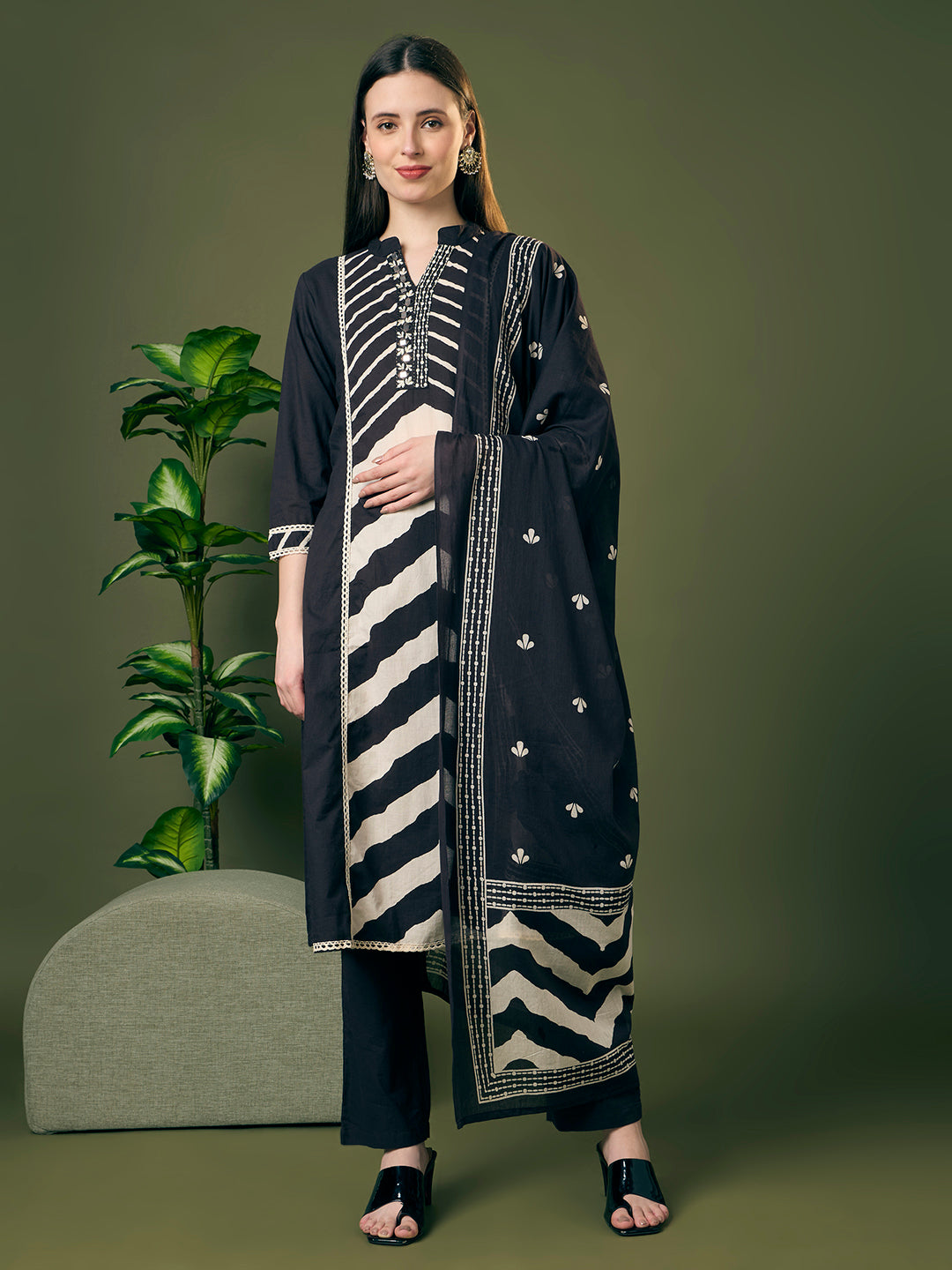 Leheriya Printed Embroidered A-Line Paneled Kurta with Pant and Pure Cotton Dupatta - Black
