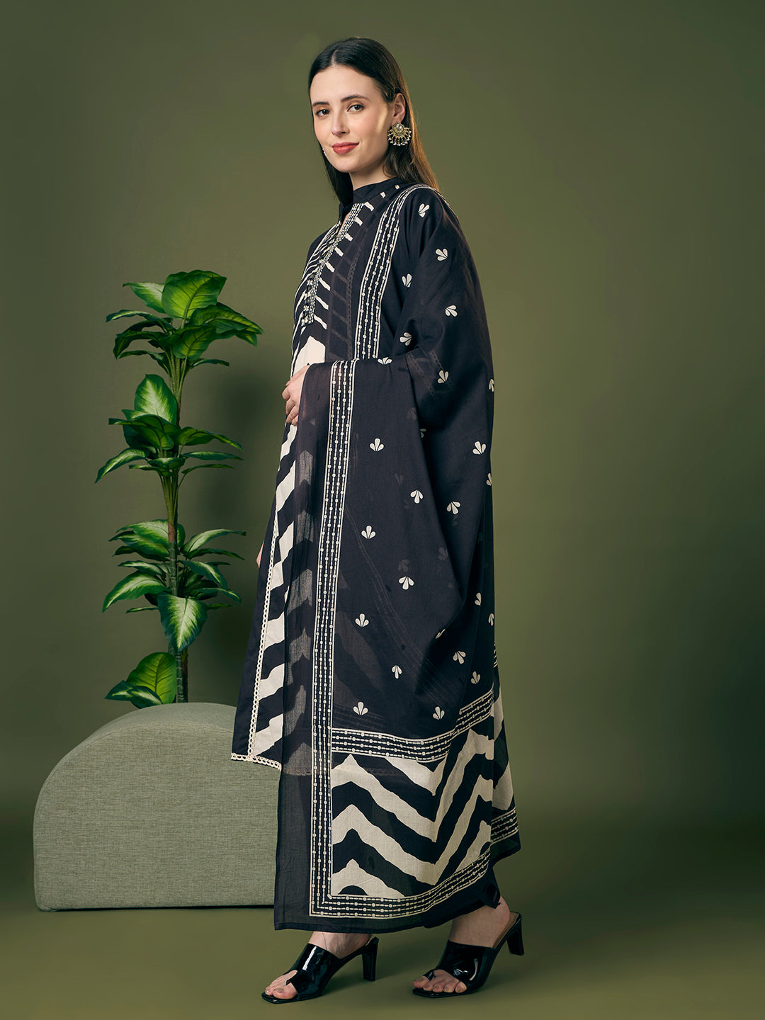 Leheriya Printed Embroidered A-Line Paneled Kurta with Pant and Pure Cotton Dupatta - Black