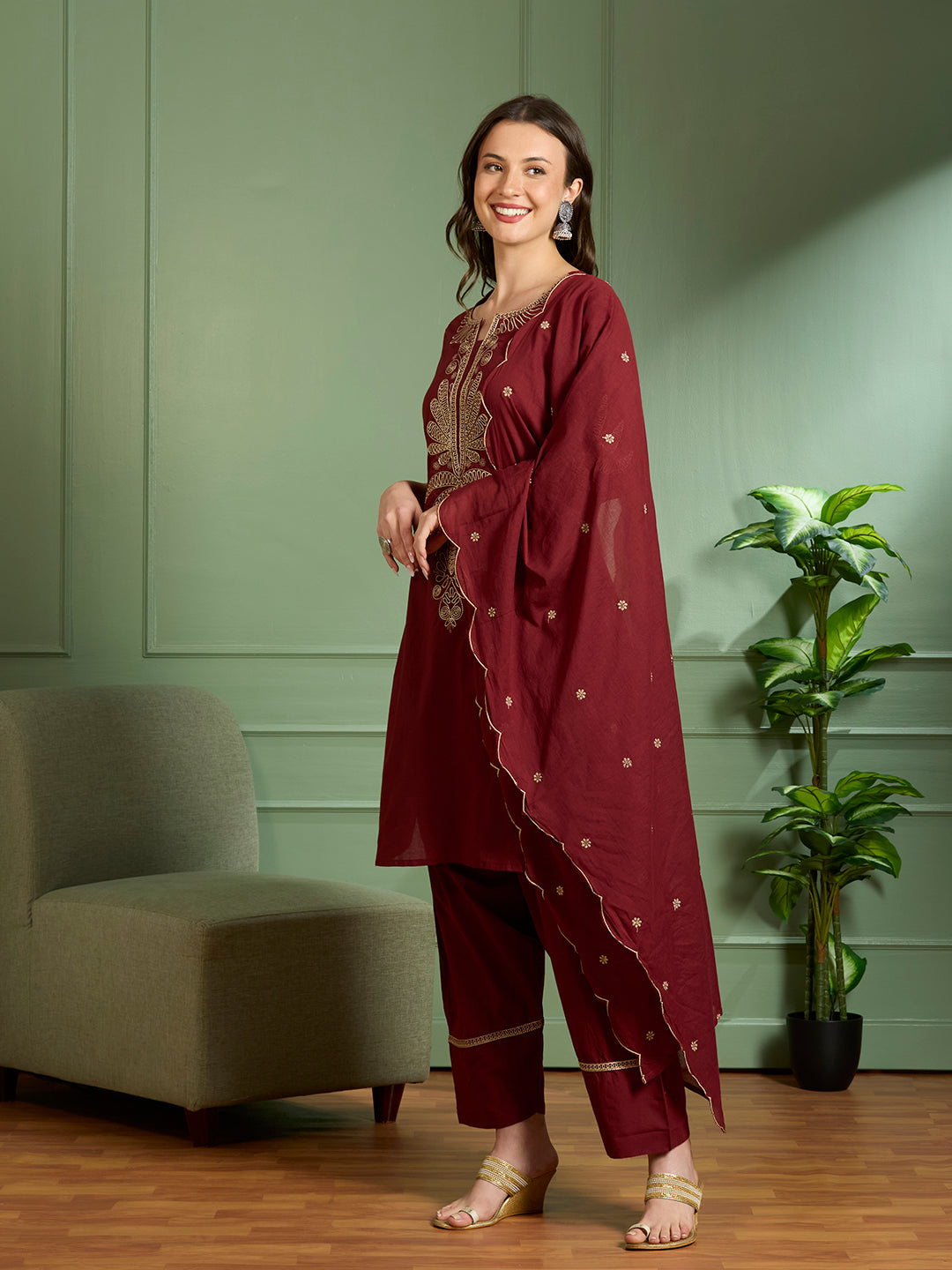 Solid Floral Embroidered Straight Kurta with Salwar & Dupatta - Maroon